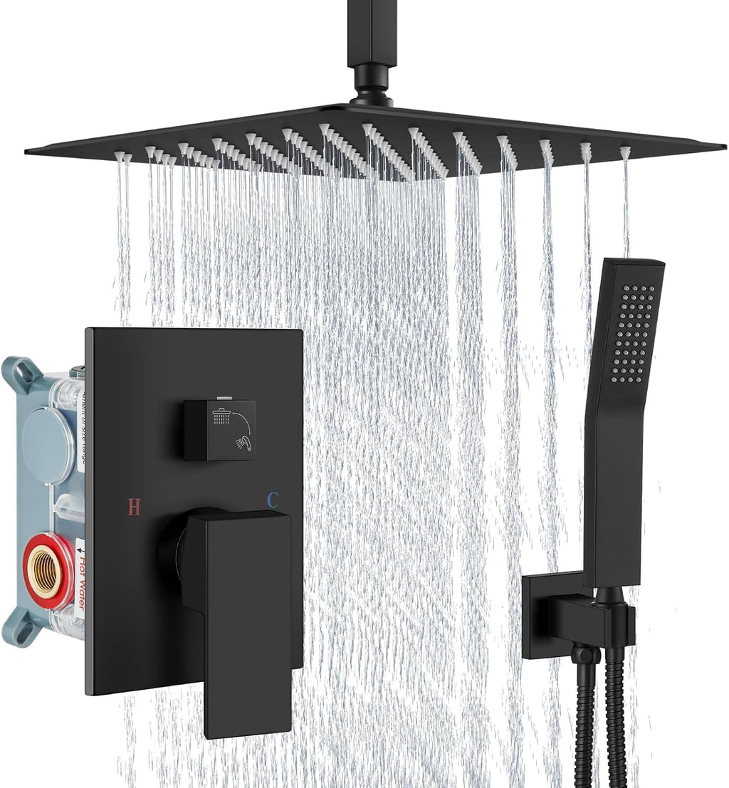 Aolemi Matte Black Ceiling Mount Rain Shower Head with Handheld Spray and High Pressure Faucet Set, Includes 16 Inch Shower Head and Trim Kit
