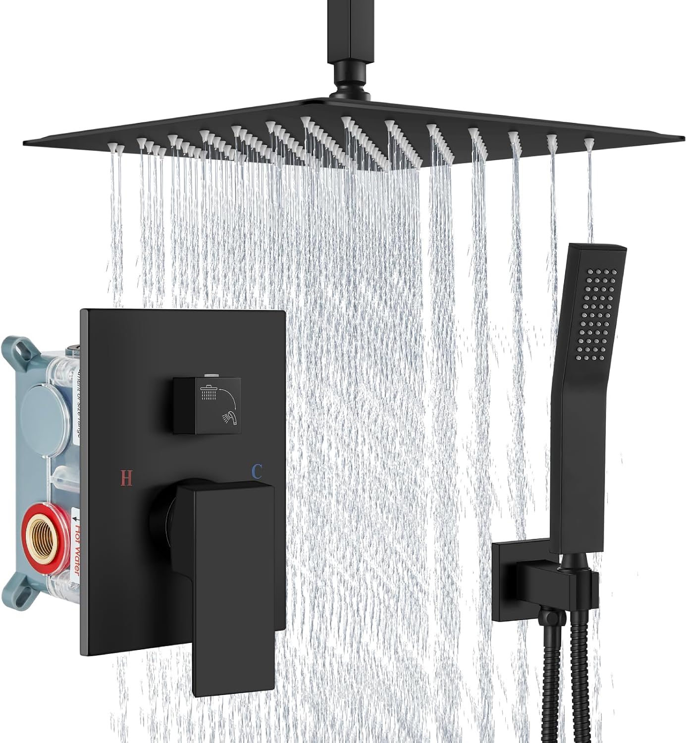 Aolemi Matte Black Ceiling Mount Rain Shower Head with Handheld Spray and High Pressure Faucet Set, Includes 16 Inch Shower Head and Trim Kit