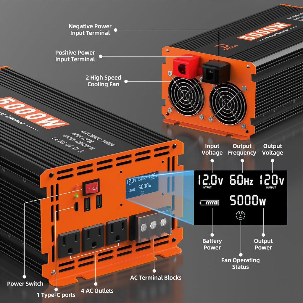 5000W Power Inverter 12V DC to 110V/120V AC Converter for RV/Truck/Boat/Camping/Off-Grid Solar Car Power Inverter Peak Power 10000W with 3 AC Outlets,USB & Type-C Port, Remote Controller & LCD Screen