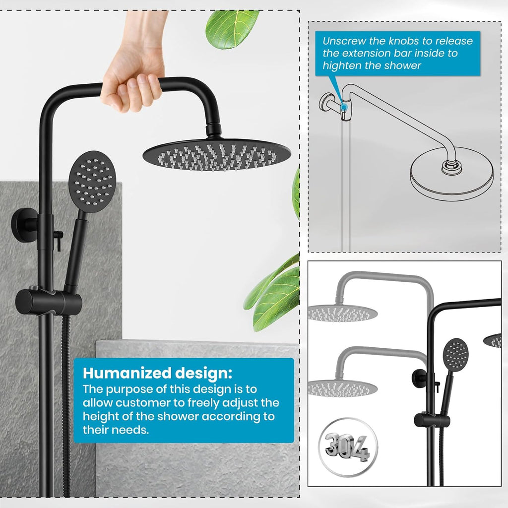 gotonovo SUS304 Outdoor Shower Fixture High Pressure Shower System Combo Wall Mount 2 Dual Function Shower Faucet Set Round Handheld Spray Matte Black Double Lever Handle