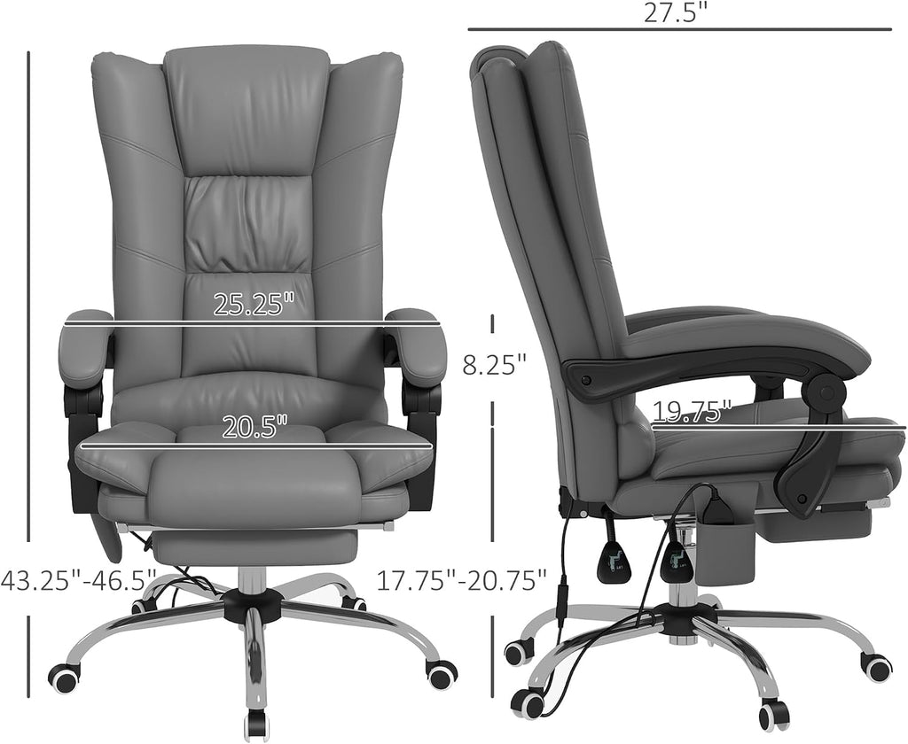 Vinsetto Executive Massage Office Chair with 4 Vibration and Heat, 3 Modes, PU Leather Swivel Chair with Adjustable Height, Reclining Back, and Footrest, Gray