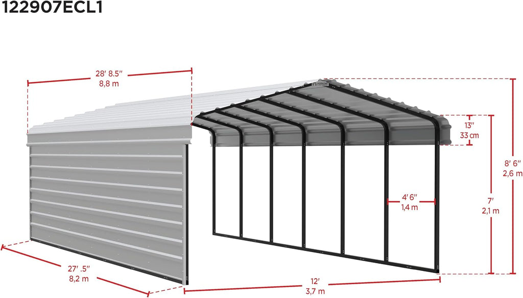 Arrow Carports Galvanized Steel Carport, with 1-Sided Enclosure, Compact Car Metal Carport Kit, 12' x 29' x 7', Eggshell