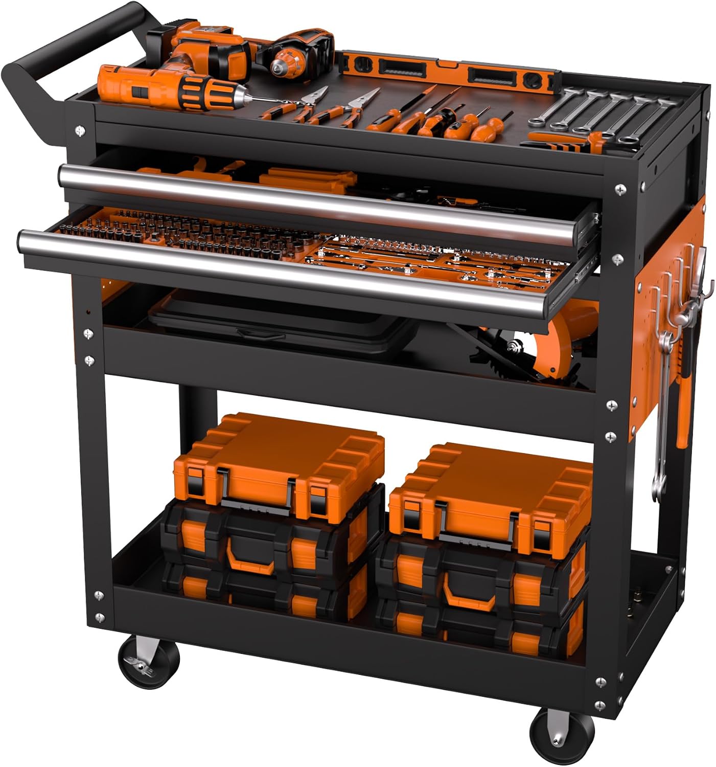 5 Tier Heavy Duty Rolling Tool Cart On Wheels, 400 Lbs Capacity, Metal Utility Carts with Lockable Drawer & Side Pegboards, Mechanic Tool Storage Organizer for Garage Workshop Repair Shop