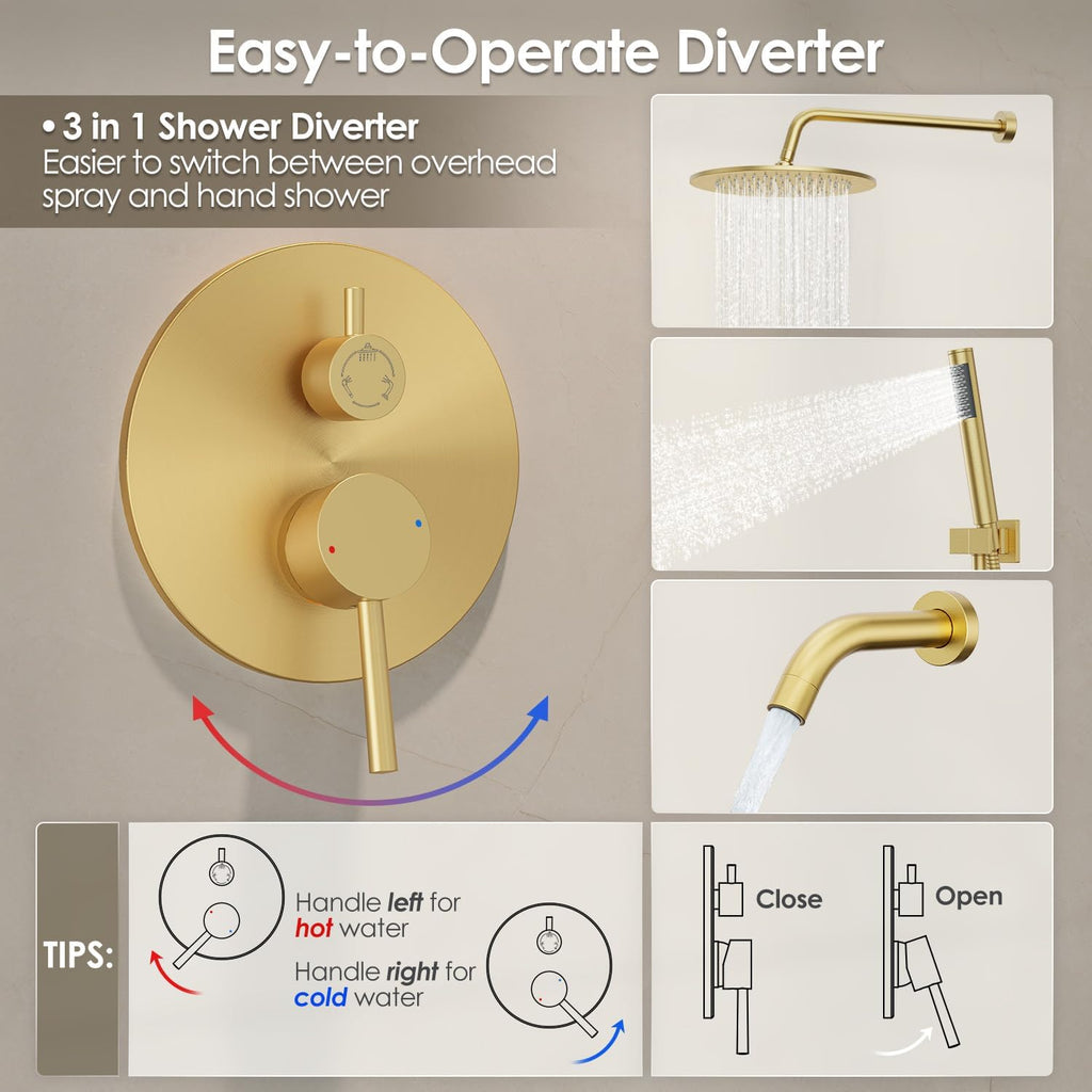 Gabrylly Brushed Gold Bathtub Shower Faucet Set with Tub Spout, 10 Inch Wall Mounted High Pressure Rainfall Shower Head with Handheld Combo, 3-Way Diverter Valve Complete Bathroom Shower Fixtures