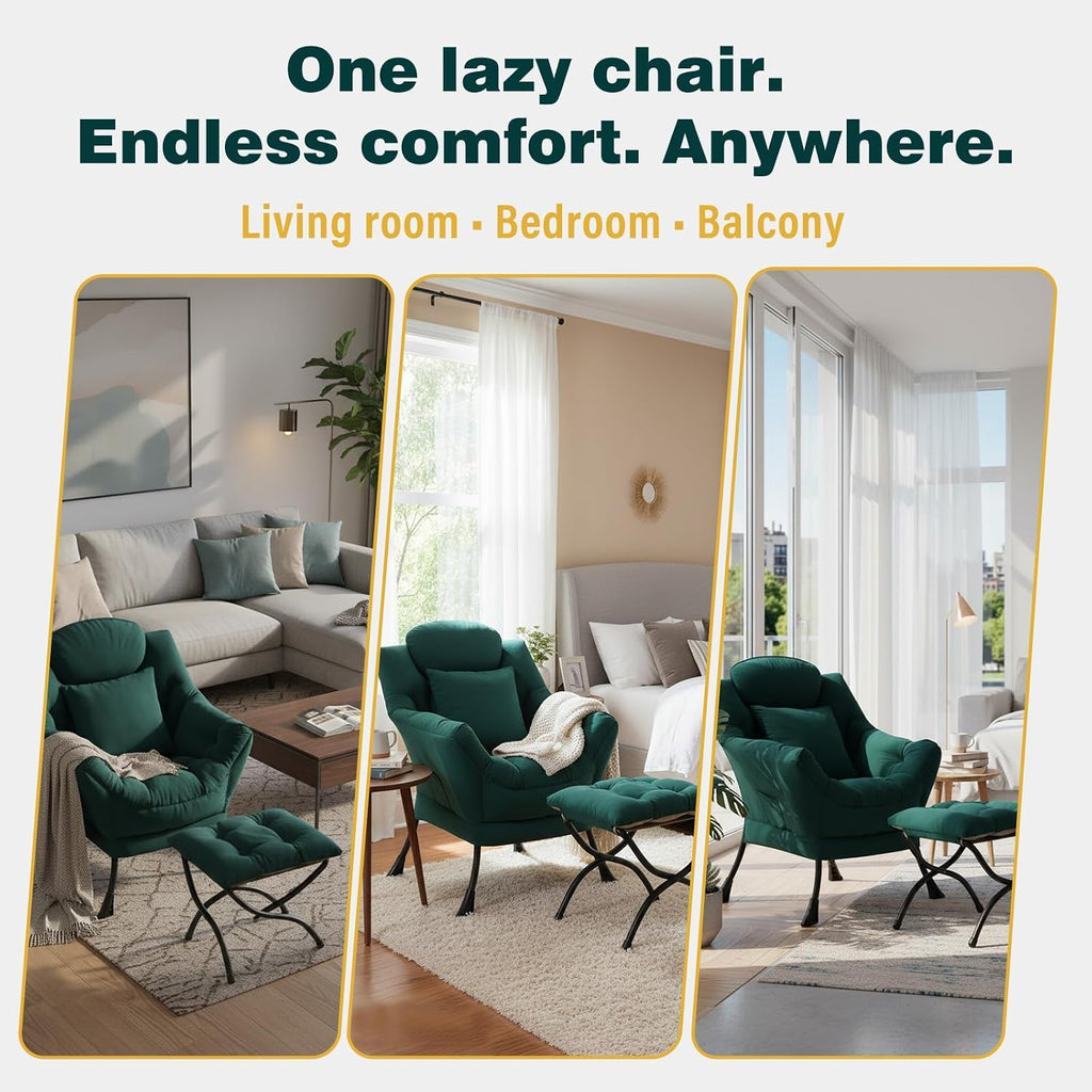 Lazy Chair with Ottoman, Large Accent Chair with Ottoman and a Throw Pillow, Dark Green Reading Chair for Living Room Bedroom Dorm Room Office Apartment Relaxing Use