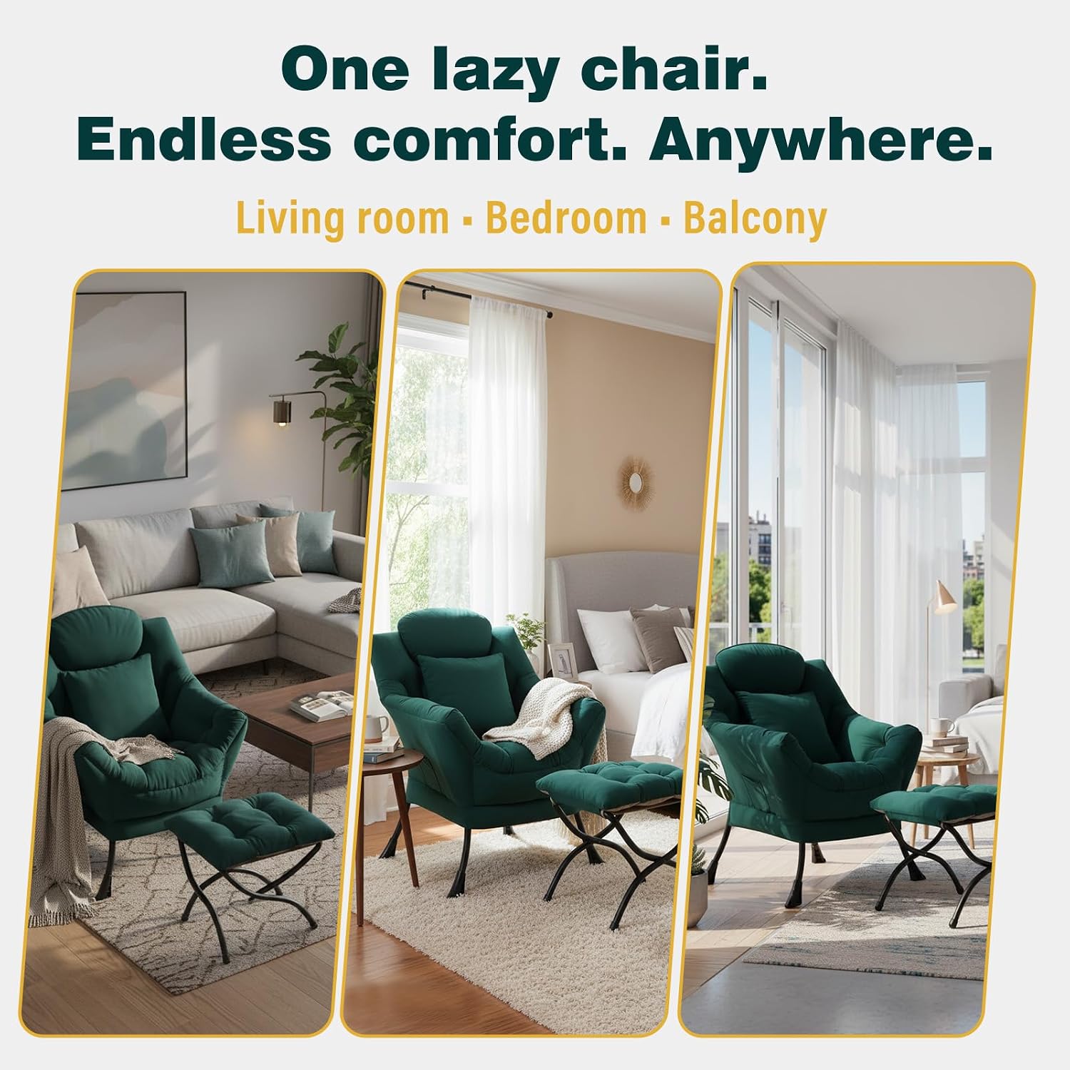 Lazy Chair with Ottoman, Large Accent Chair with Ottoman and a Throw Pillow, Dark Green Reading Chair for Living Room Bedroom Dorm Room Office Apartment Relaxing Use