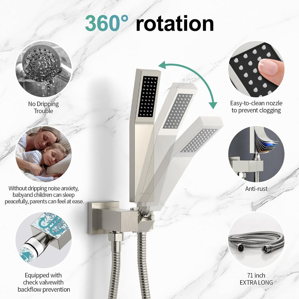 SR SUN RISE Shower Faucet Set Bathroom Square Rain Shower Head with Handheld Spray Wall Mounted Rainfall Shower Fixtures Brushed Nickel Shower Faucet Trim Repair Kits (Contain Shower Valve)10 Inches