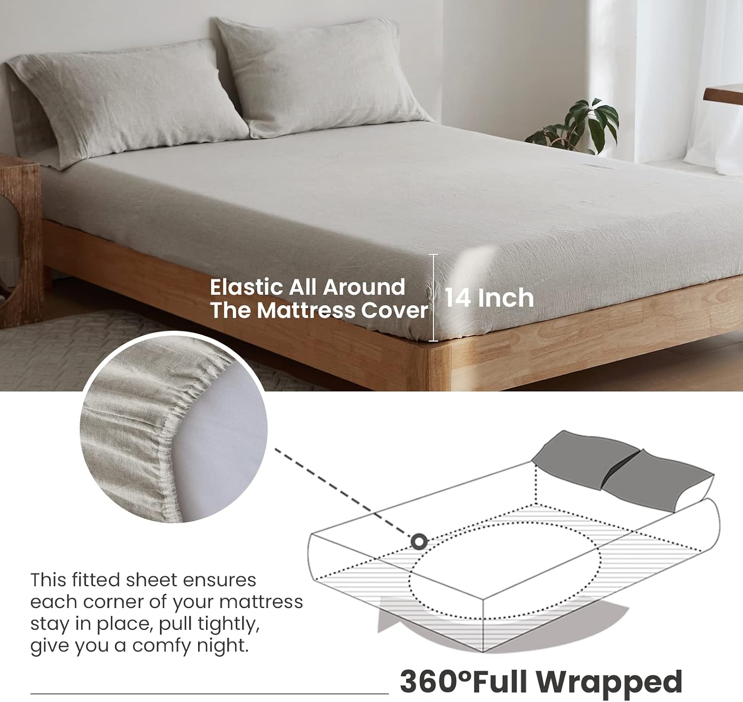 Simple&Opulence 100% Linen Sheet Set 4 Pieces Natural France Flax Bed Sheet (1 Flat Sheet, 1 Fitted Sheet, 2 Pillowcases) Breathable Luxury Hotel Bedding - Embroidery Linen, Queen Size