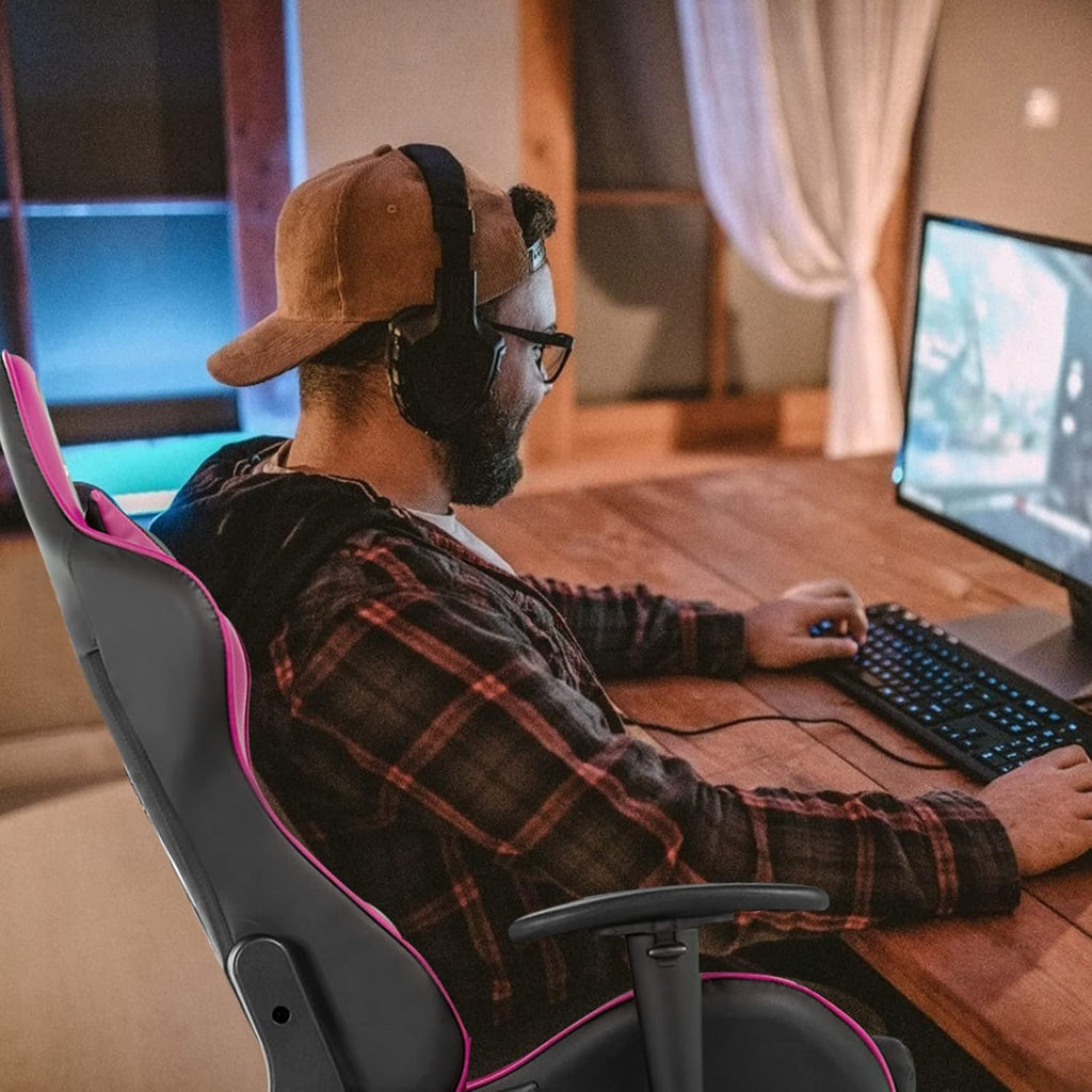 GORELAX Massage Gaming Chair, Reclining Computer Chair w/Lumbar Support, Adjustable Arms, Footrest, High Back Racing Style Ergonomic Home Office Chair for Heavy People (Pink)