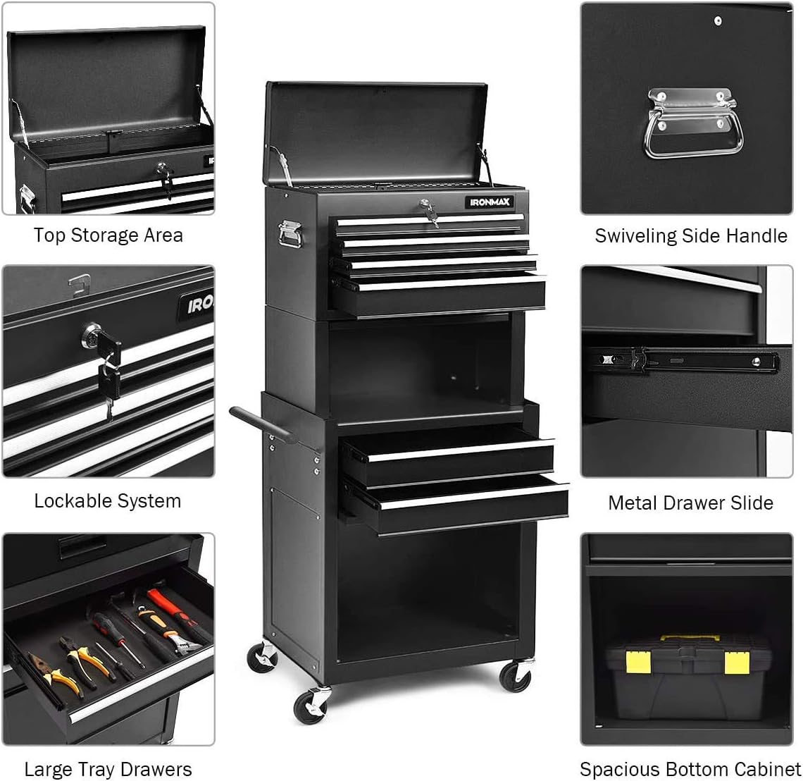 ARLIME 6-Drawer Rolling Tool Chest, Tool Storage Cabinet W/Sliding Drawers, Detachable Top Box & Locking System, Removable Toolbox Organizer for Garage & Warehouse (Black)