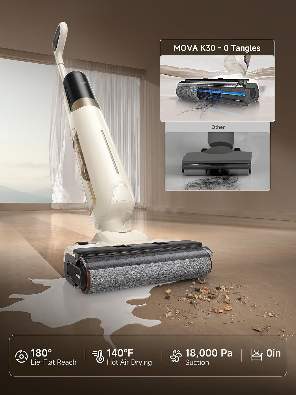 Mova K30 Wet Dry Vacuum Cleaner, 180° Lie-Flat Reach Smart Vacuum Mop, 140°F Hot Air Drying, 0in Dual-Edge Cleaning, Powerful 18000Pa Suction Floor Cleaner for Hard Floors Pet Hair