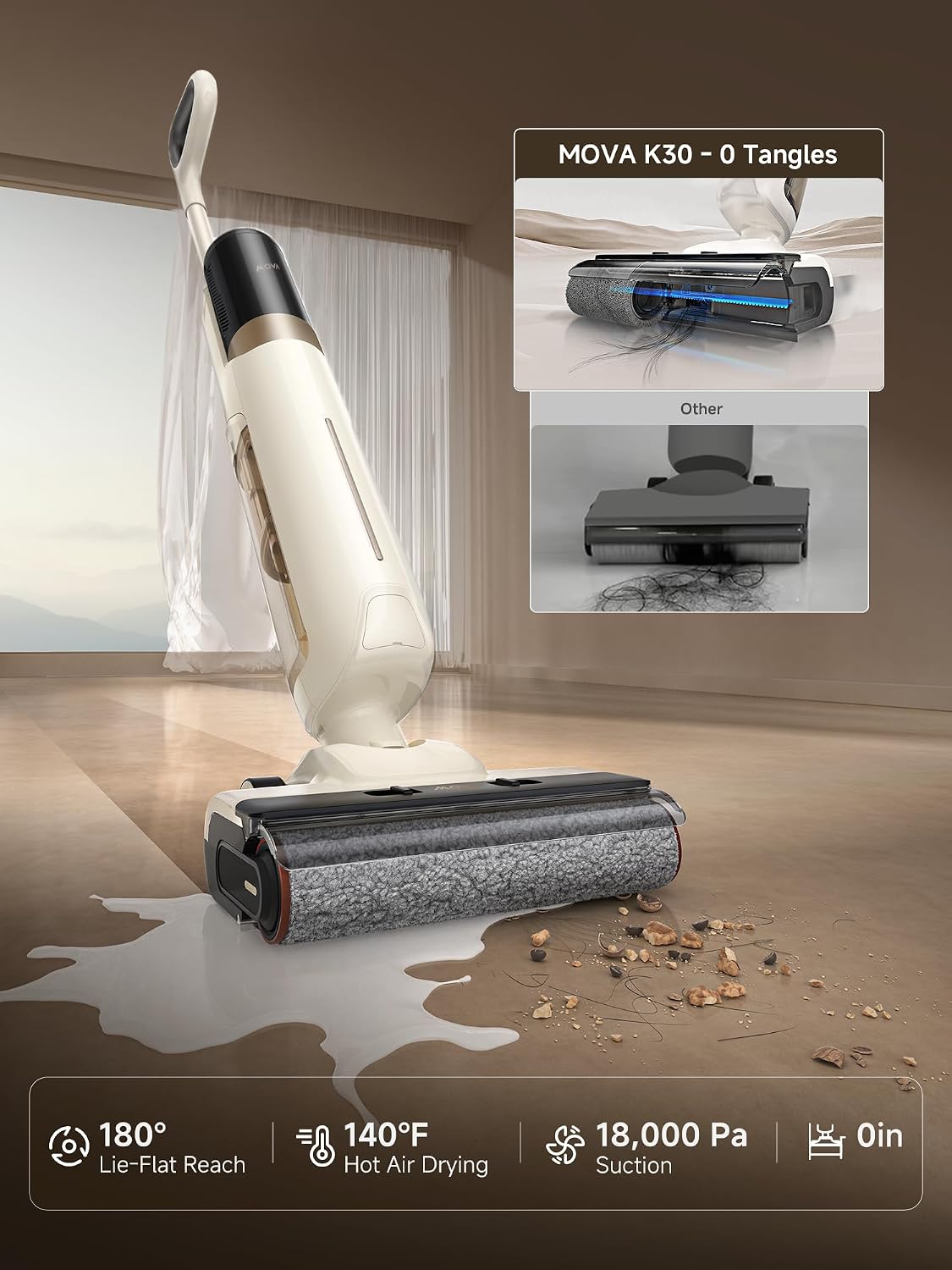 Mova K30 Wet Dry Vacuum Cleaner, 180° Lie-Flat Reach Smart Vacuum Mop, 140°F Hot Air Drying, 0in Dual-Edge Cleaning, Powerful 18000Pa Suction Floor Cleaner for Hard Floors Pet Hair