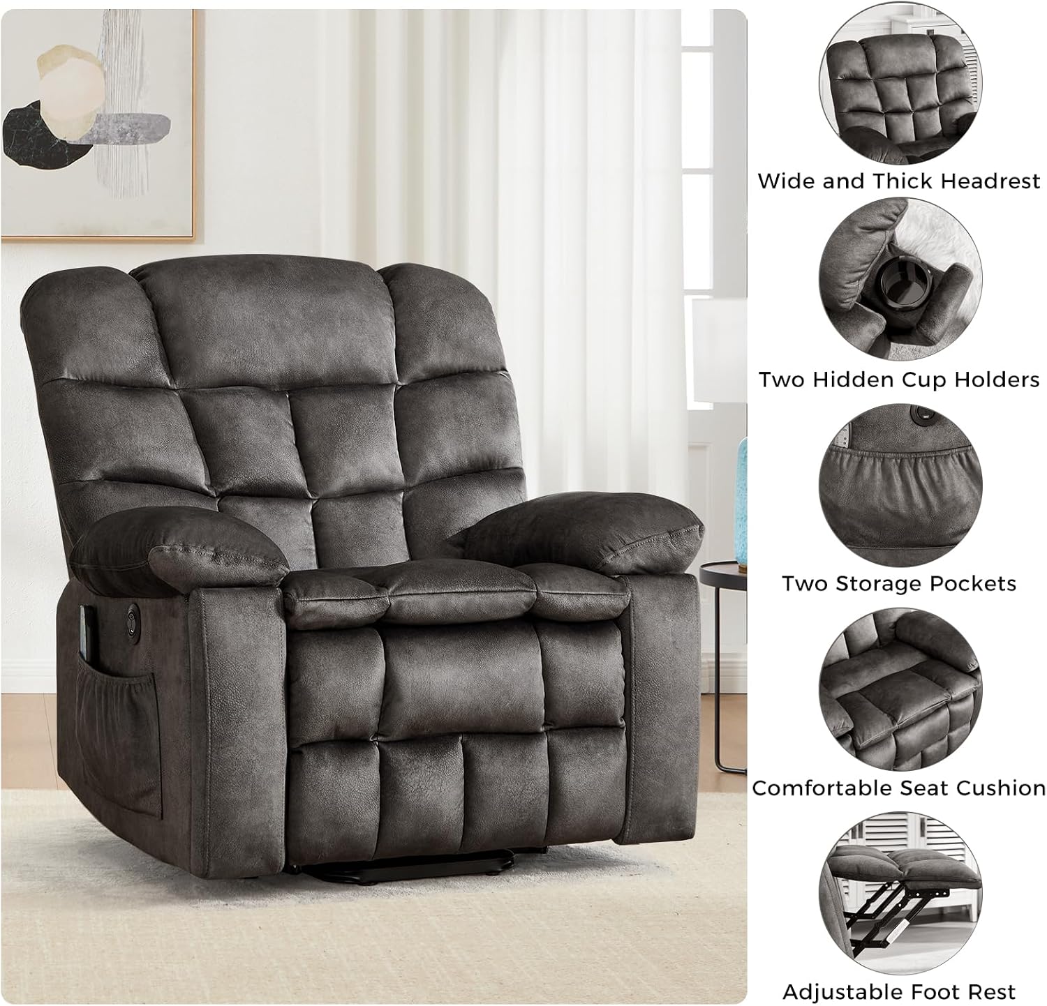IOMOR Power Lift Recliner Chair for Elderly with Vibration Massage and Lumbar Heating, Overstuffed Electric Lift Chair with 2 Side Pockets and Cup Holders, USB & Type-C for Living Room, Dark Gray