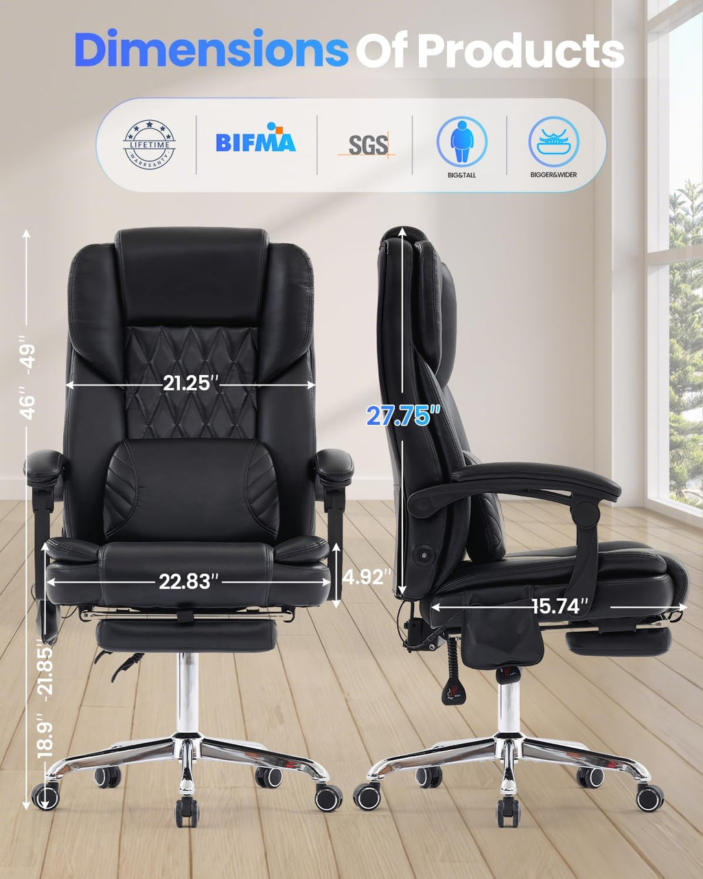 500LBS Big and Tall Office Chair with 3D Kneading Massage Lumbar Support, Office Chairs for Back Pain Relief, Ergonomic Comfort 130° Reclining Desk Chairs Managerial Chairs for Heavy People
