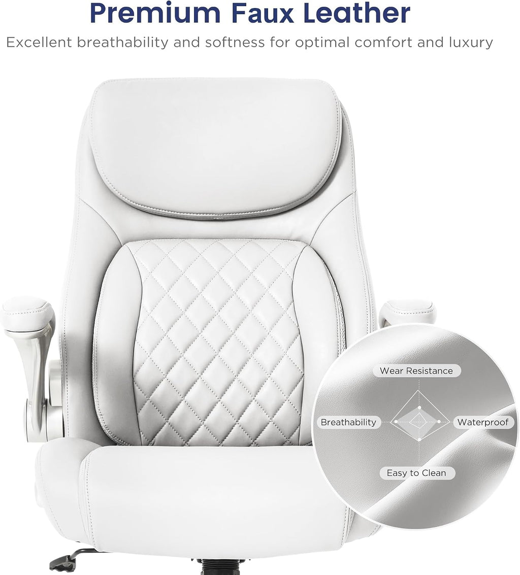 Nouhaus Ergonomic Office Chair Premium Leather Adjustable Lumbar Support & Armrests, High Back Comfy Desk Gaming Chairs Executive Computer Swivel Chair Tilt Function(Posture,White)