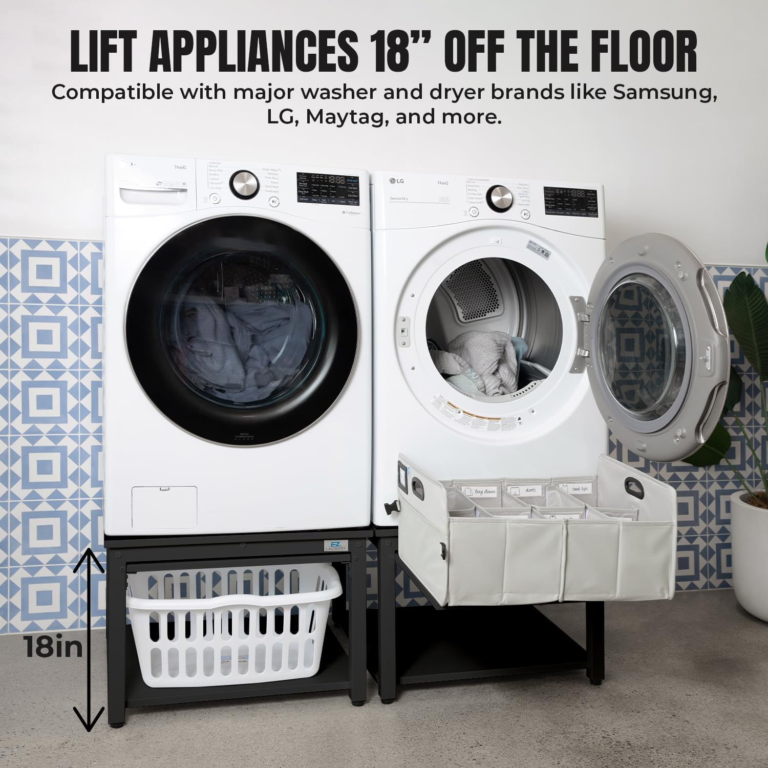 Washer and Dryer Pedestal with Pullout-Shelf - 27' W, 18' H, Black Steel Universal Fit with Major Brands | Laundry Pedestal with Drain Pan & Hose | Washer Stand for Back Pain Relief, 800 lbs Capacity
