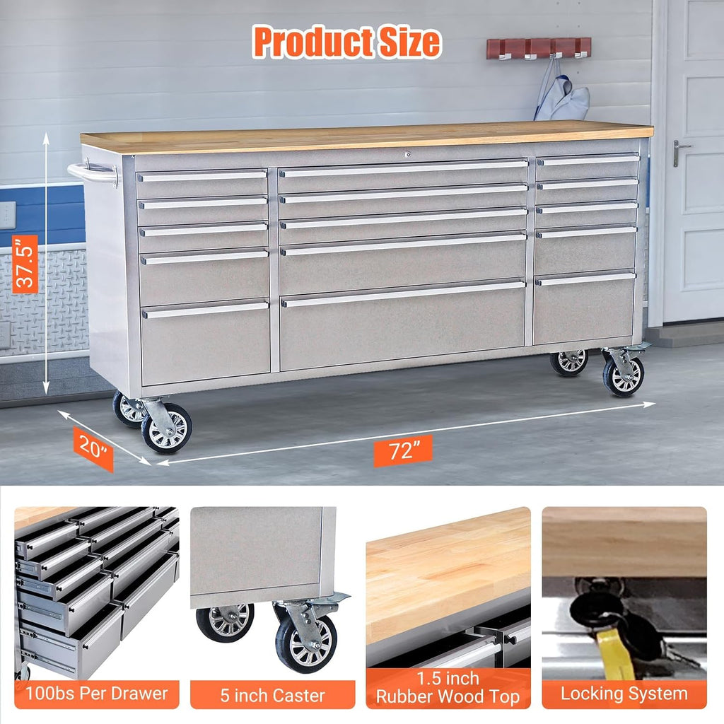 72'' Rolling Tool Chest, Heavy-Duty Tool Cabinet with 15 Drawers and 3 Top Cabinet, Mobile Workbench for Garage, Repair Shop and Tool Room, Black