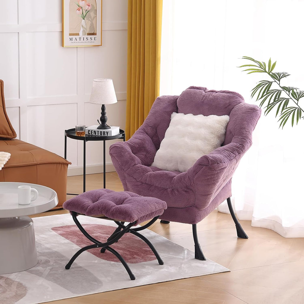 Lazy Chair with Ottoman, Large Purple Accent Chair with Ottoman and FA Throw Pillow, Comfy Plush Reading Chair for Living Room Bedroom Dorm Room Office Apartment Relaxing Use