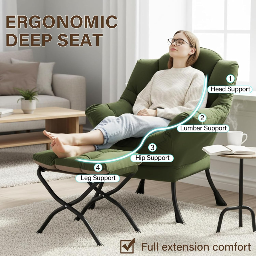 Welnow Lazy Chair with Ottoman, Modern Reading Accent Chair with Armrests and a Side Pocket, Leisure Upholstered Lazy Sofa Set with Footrest for Small Space, Army Green