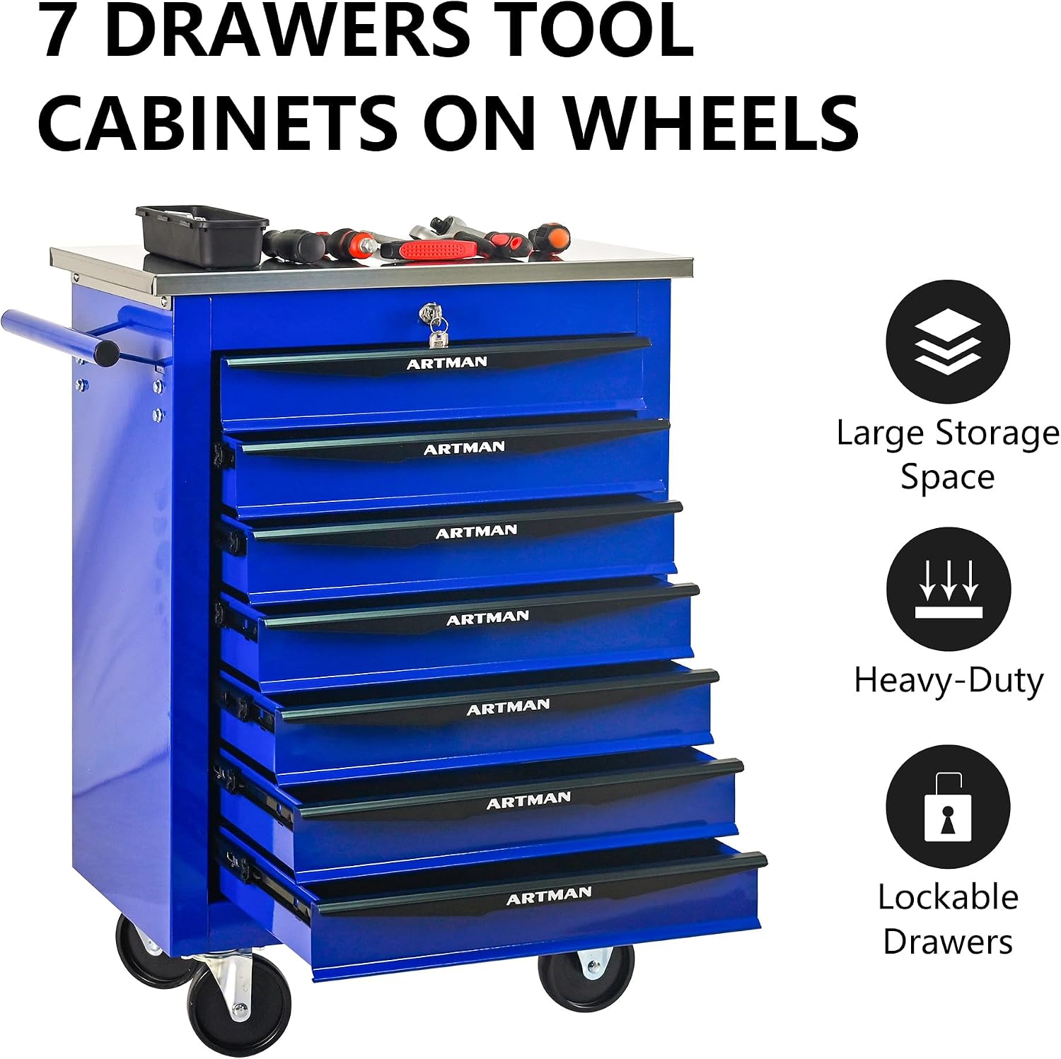 Campfun Tool Cart on Wheels 7 Drawers Rolling Tool Chest Workbench, Metal Tool Cabinet with Extra 7 Tool Storage Boxes, Tool Chest Combo Portable Mechanic Tool Cart for Garage Workshop Warehouse