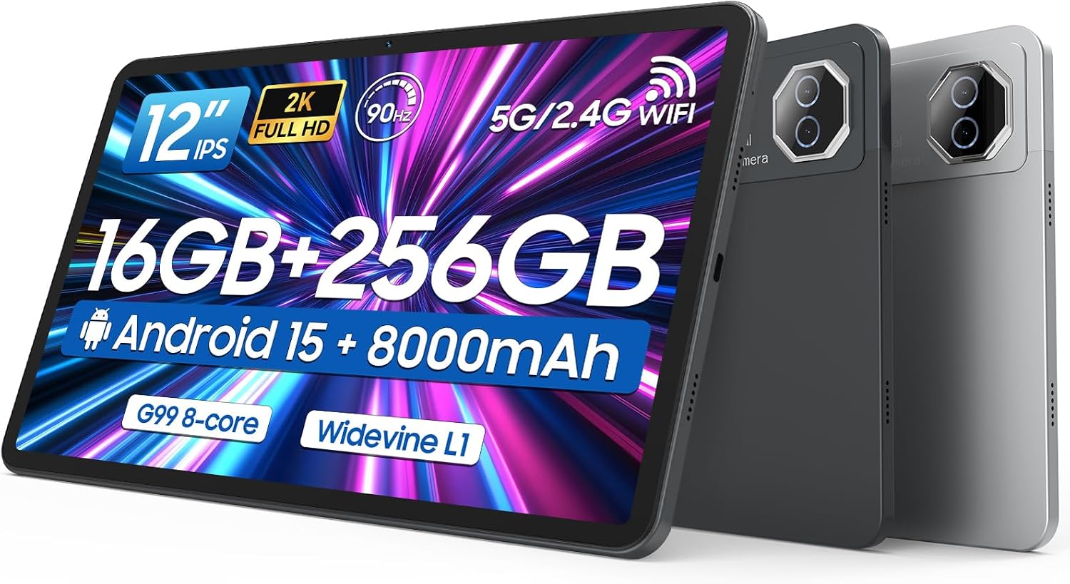 Tablet 12 inch Large Screen, Android 15 Tablet 16GB RAM 256GB ROM, 2K 2000x1200 Incell Widevine L1 Display, Gaming Tablets with Helio G99 Octa-core, 8000mAh 18W Fast Charge Tablets, AI Support, GPS