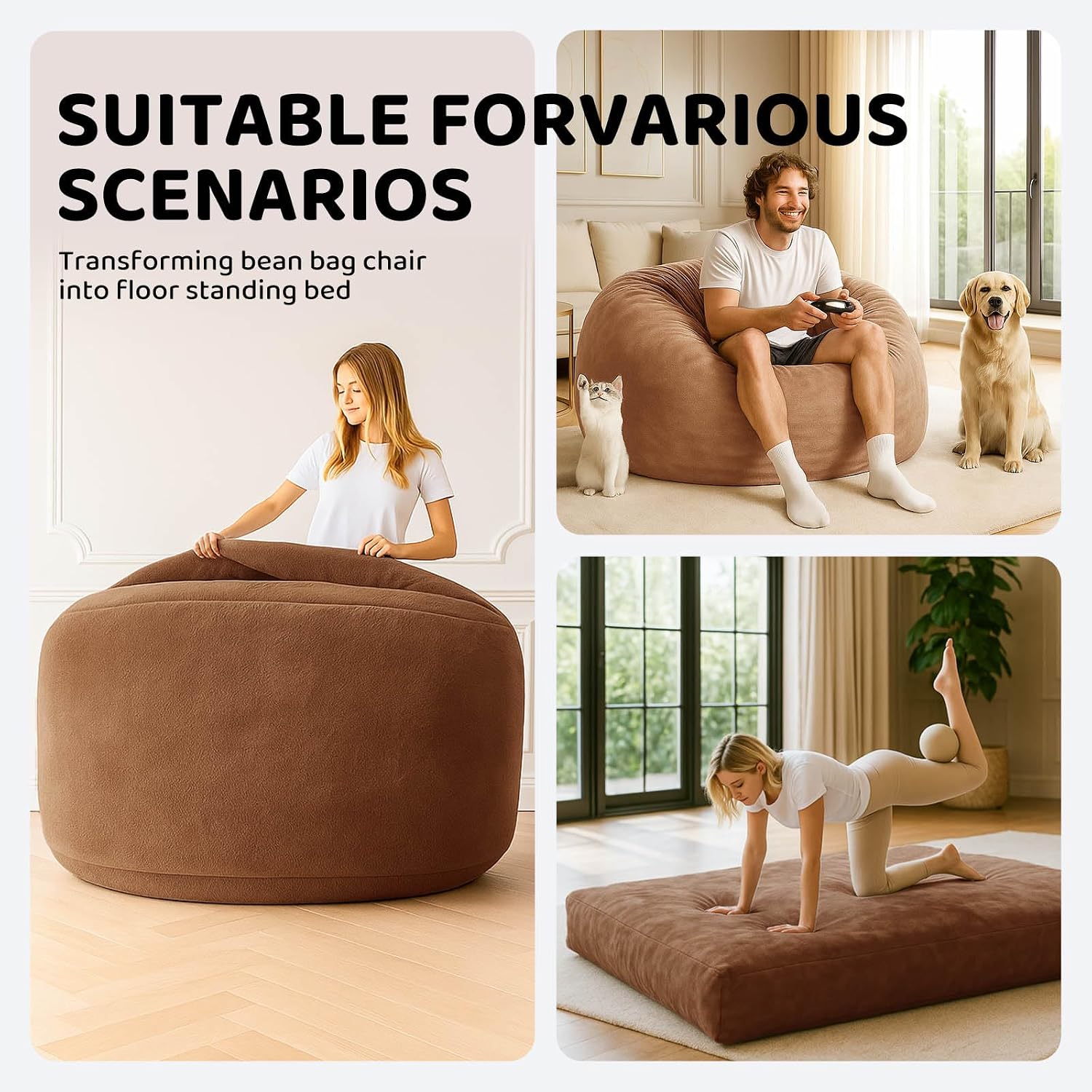 Adult Bean Bag Chair Bed, Bean Bag Sofa with Filling, Memory Foam, Comfortable Floor Sofa Bed, Boneless Floor Chair, Suitable for Living Room Bedroom Dormitory Balcony Lounge (Brown, Chair Bed)