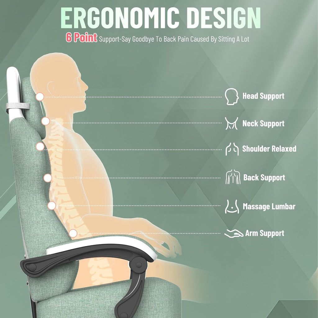 Ferghana Cotton Fabric Gaming Chair with Wider Seat Cushion, Diamond Double-Stitching Ergonomic High Back Game Chair with Footrest, Computer Chair with Massage Lumbar Support for Adult, Green/White