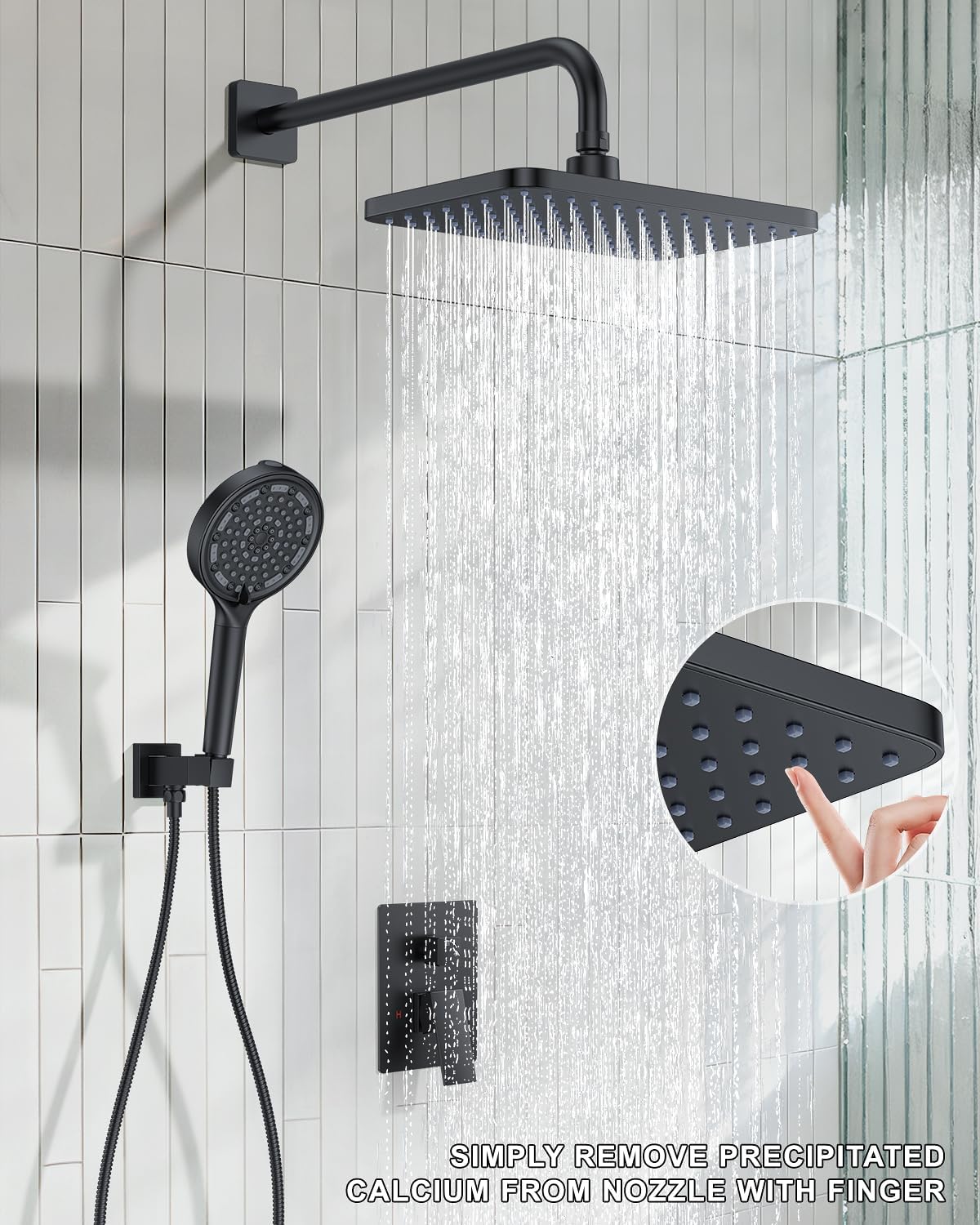 Matte Black 11-Inch Rainfall Shower System – Premium Filtered Handheld Sprayer & Fixed Shower Head, Complete Bathroom Set Faucet Mixer Trim & Valve