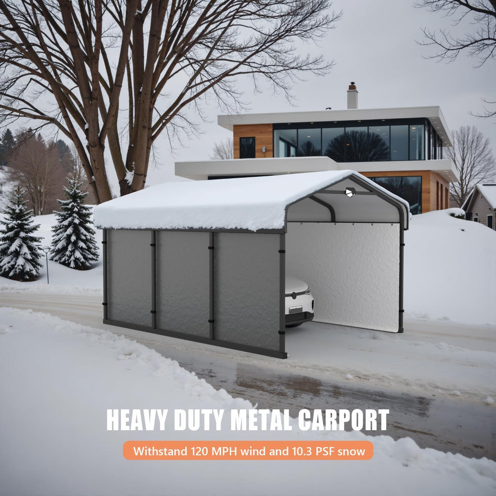 Carports Canopy Heavy Duty, Metal Roof Portable Garage with Sidewalls (10x15, Grey)