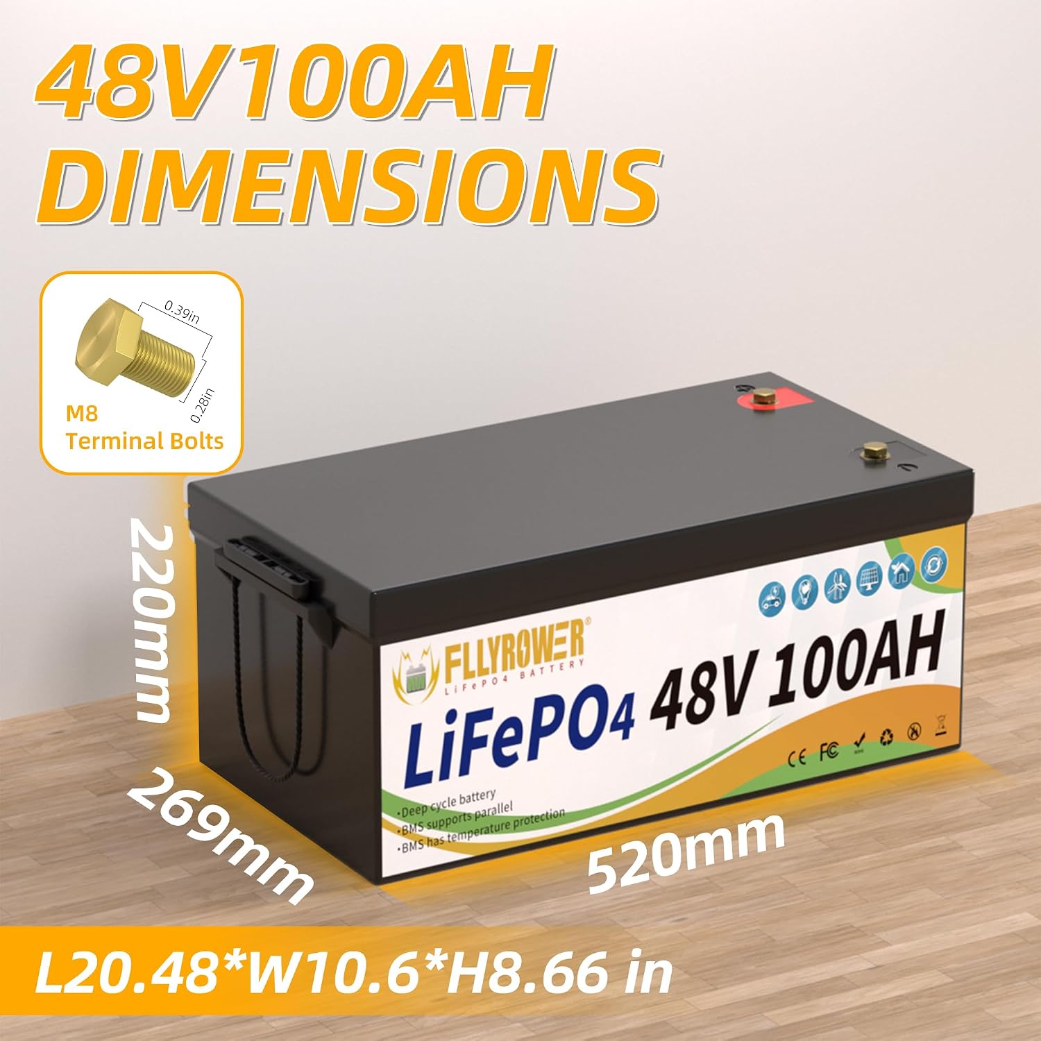 FLLYROWER Lithium Battery Bluetooth 48V 100AH with Smart 150A BMS 16500 Deep Cycles Lifepo4 Battery Grade A Cells Include a Monitor