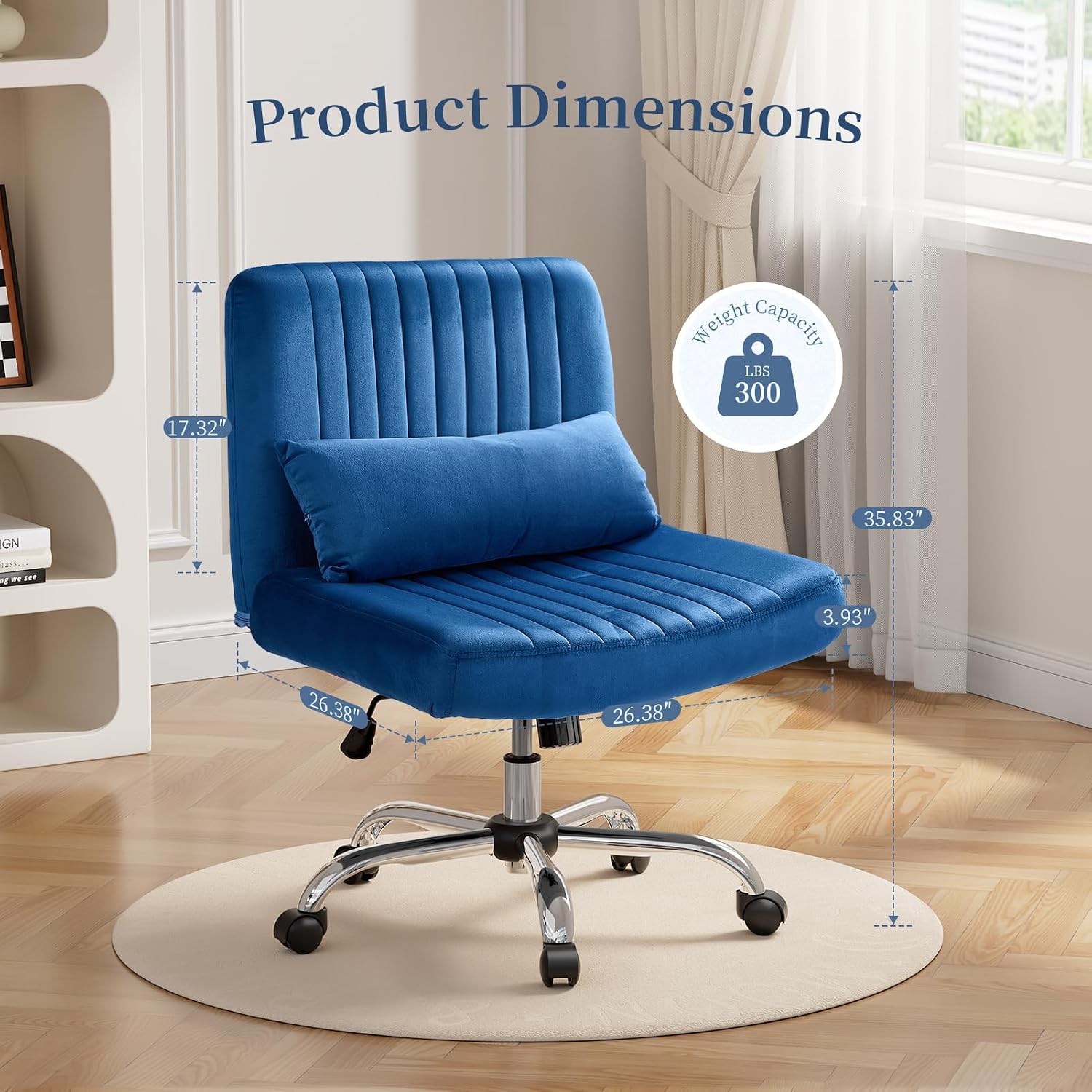 Warmiehomy Velvet Criss Cross Chair with Wheels, Cross Legged Office Chair, Comfy Desk Chair for Home Office, Ergonomic Computer Chair, Wide Seat Vanity Chair, for Adults, Royal Blue