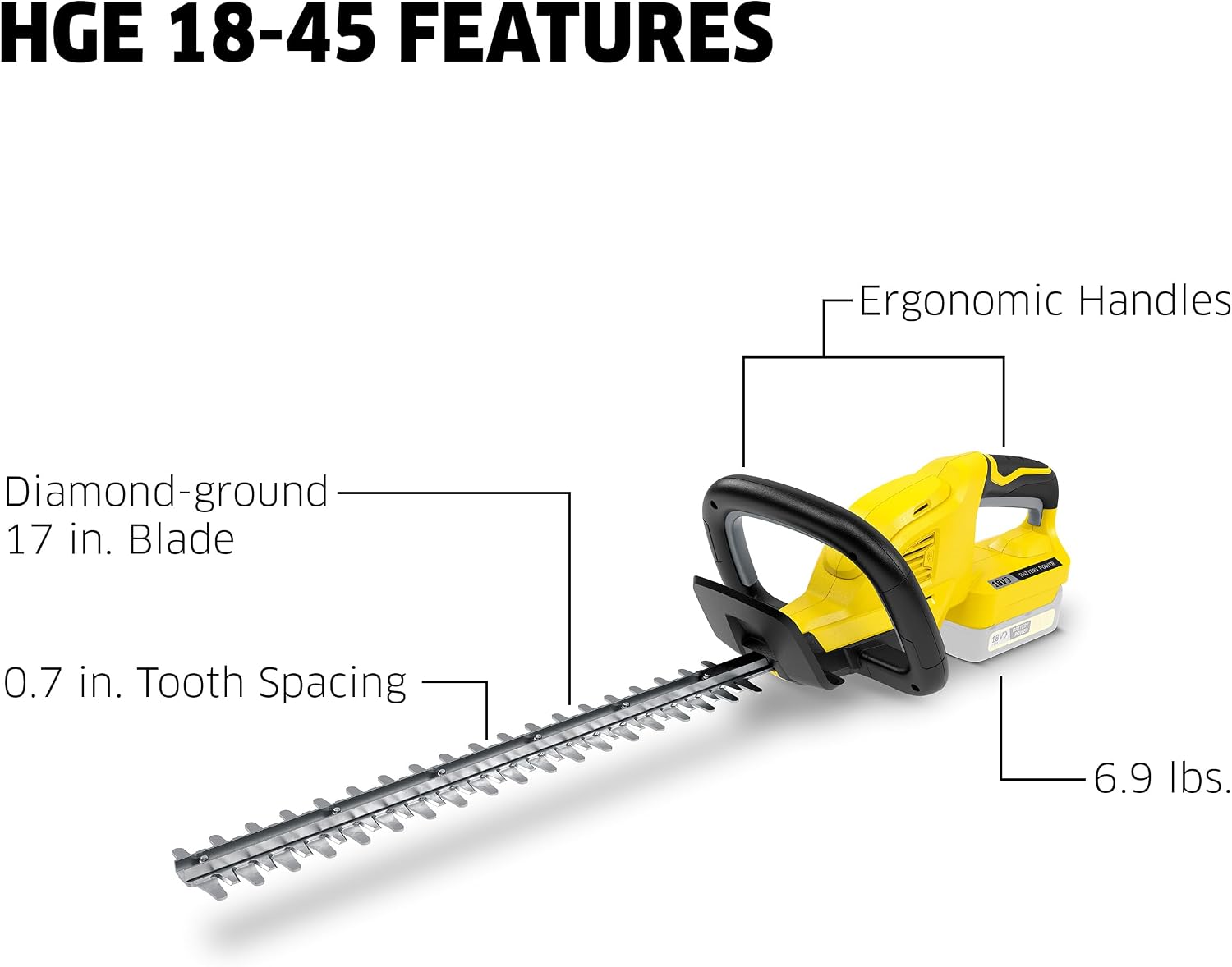 Kärcher HGE 18-45, Cordless Hedge Trimmer, with Rotating Handle and Diamond-Ground Blade - 17' Cutting Length - Tool Only