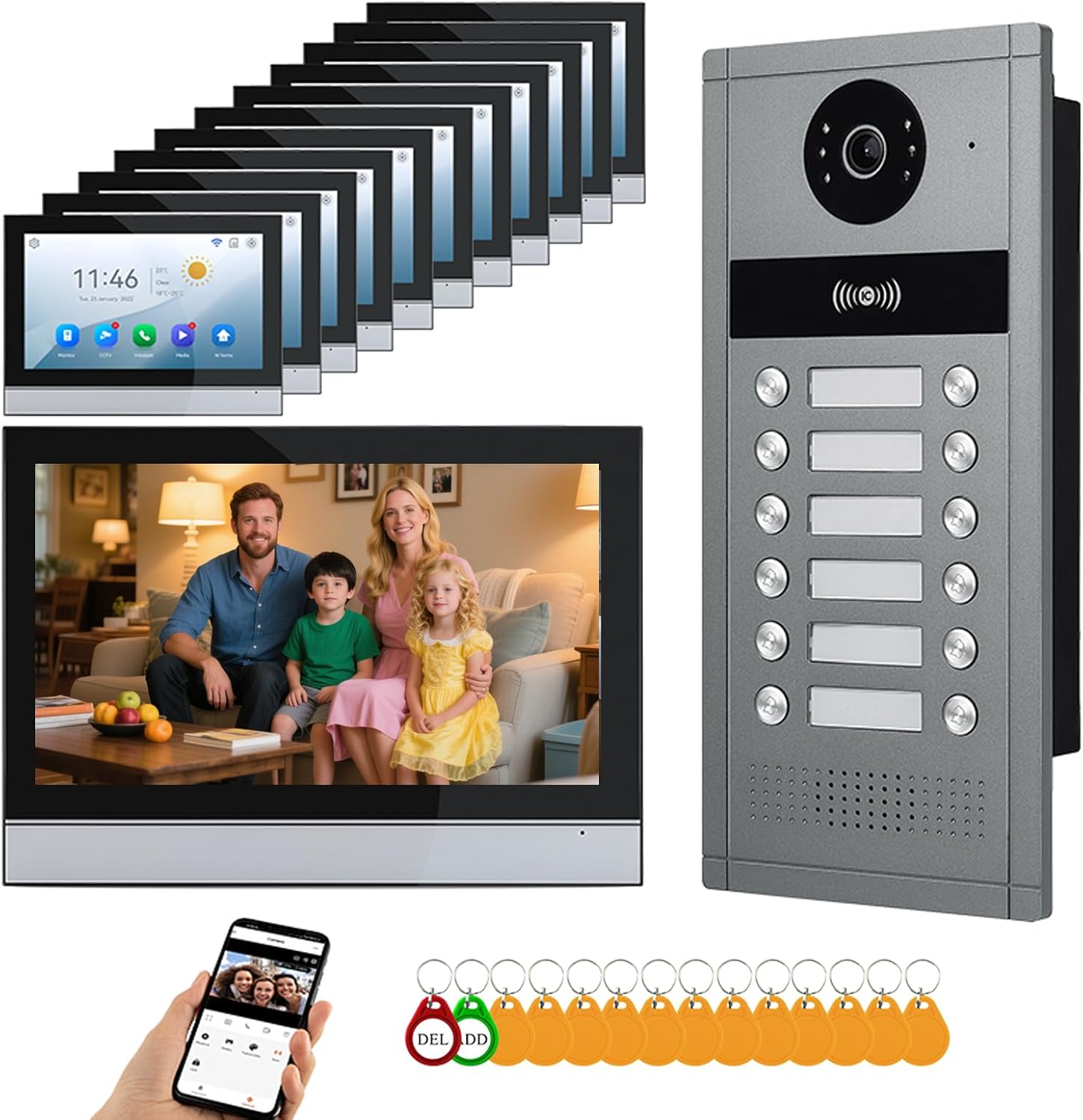 Wired Video Apartment Intercom System,6/12/18/24 Units 7 Inch Monitor 1080P Doorbell Intelligent Doorphone Kit with Motion Detection,Anti-Tamper Alarm,3 in 1 Unlock for Flat House,Tuya (12 Monitor)