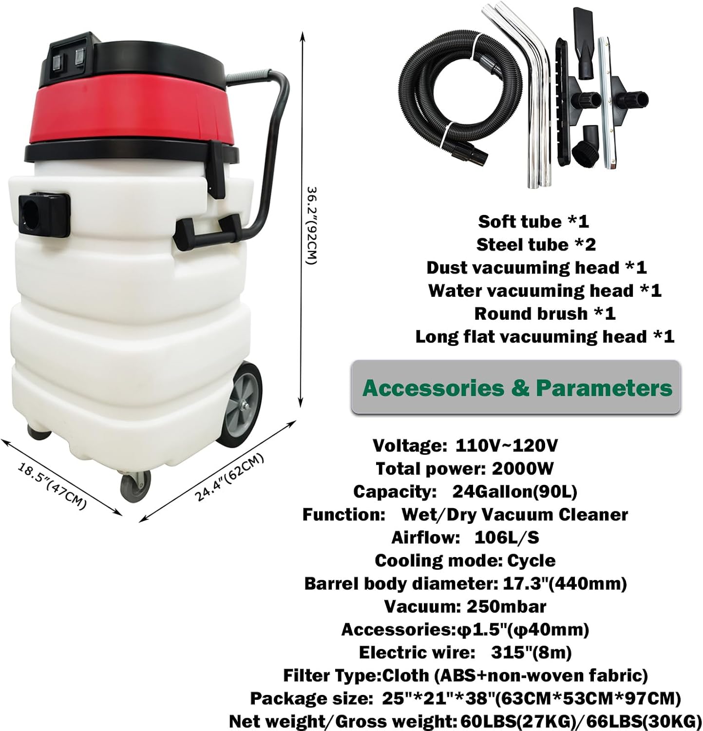 Industrial Wet/Dry Vacuum Cleaner 24 Gallon Commercial Water Suction Machine Vacuum Suction 2-Motors 110V