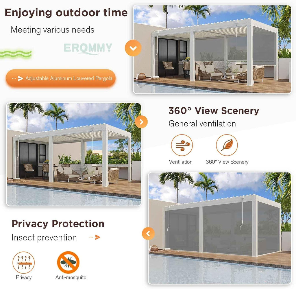 EROMMY 10x20 Louvered Pergola with Side Pull-Down Screen, Outdoor Aluminum Pergola with Thickened Frame and Adjustable Metal Rainproof Roof for Deck Patio Garden Yard, White