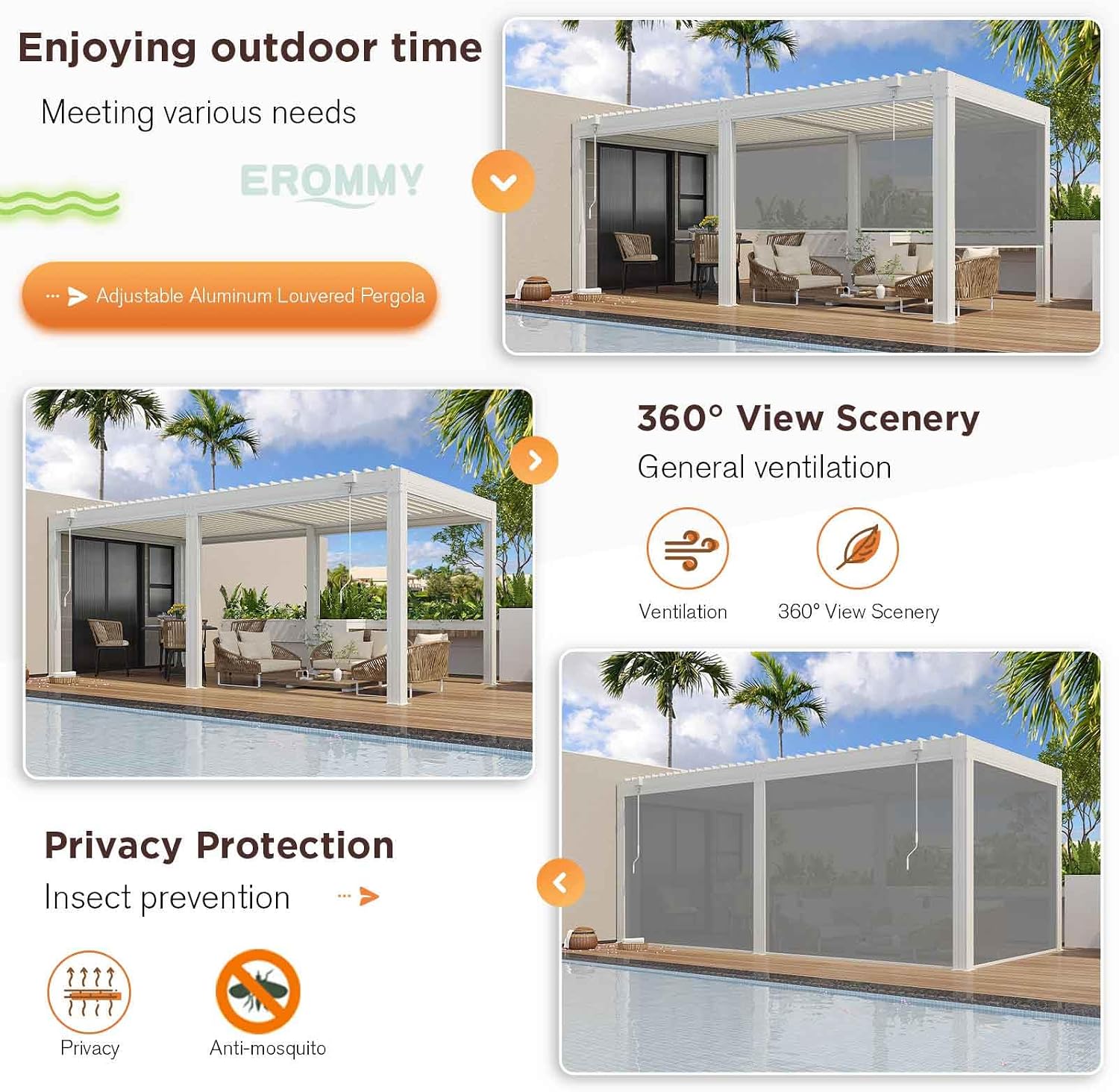 EROMMY 10x20 Louvered Pergola with Side Pull-Down Screen, Outdoor Aluminum Pergola with Thickened Frame and Adjustable Metal Rainproof Roof for Deck Patio Garden Yard, White