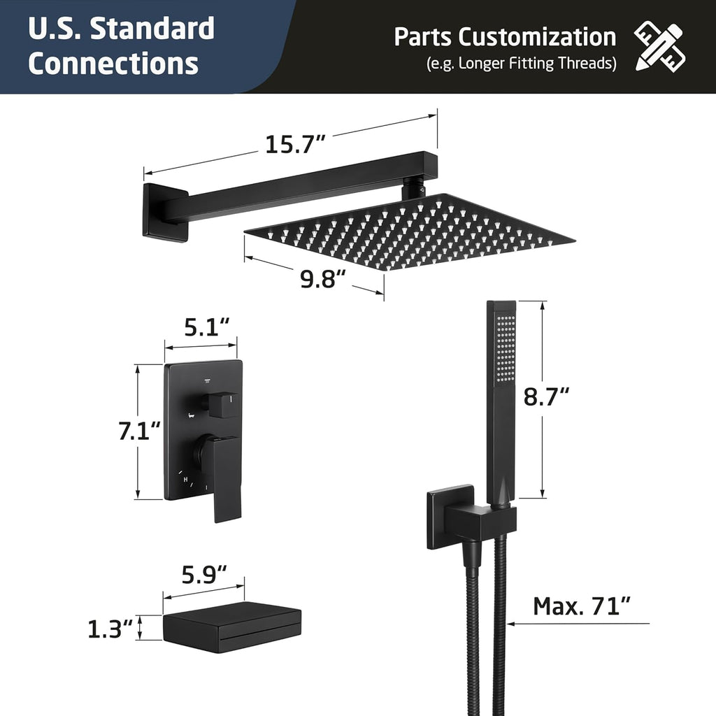 KES Shower System with Tub Spout, Matte Black Shower Faucet Set Complete 10 Inch Rain Shower Head with Handheld Spray and Waterfall Bathtub, cUPC Pressure Balance Shower Valve Trim Kit, XB6305F18-BK
