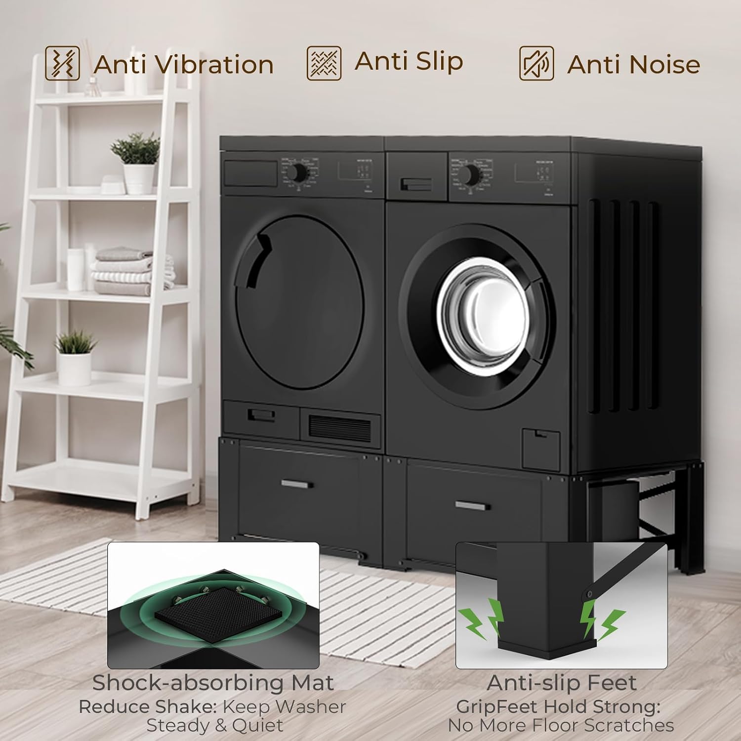 SKM Washer and Dryer Pedestal with Drawer, Laundry Pedestal for Washer and Dryer Stand, Heavy Duty Steel Washing Machine Stand Height Raiser (2, black, 28' W x 29' D x 14' H)