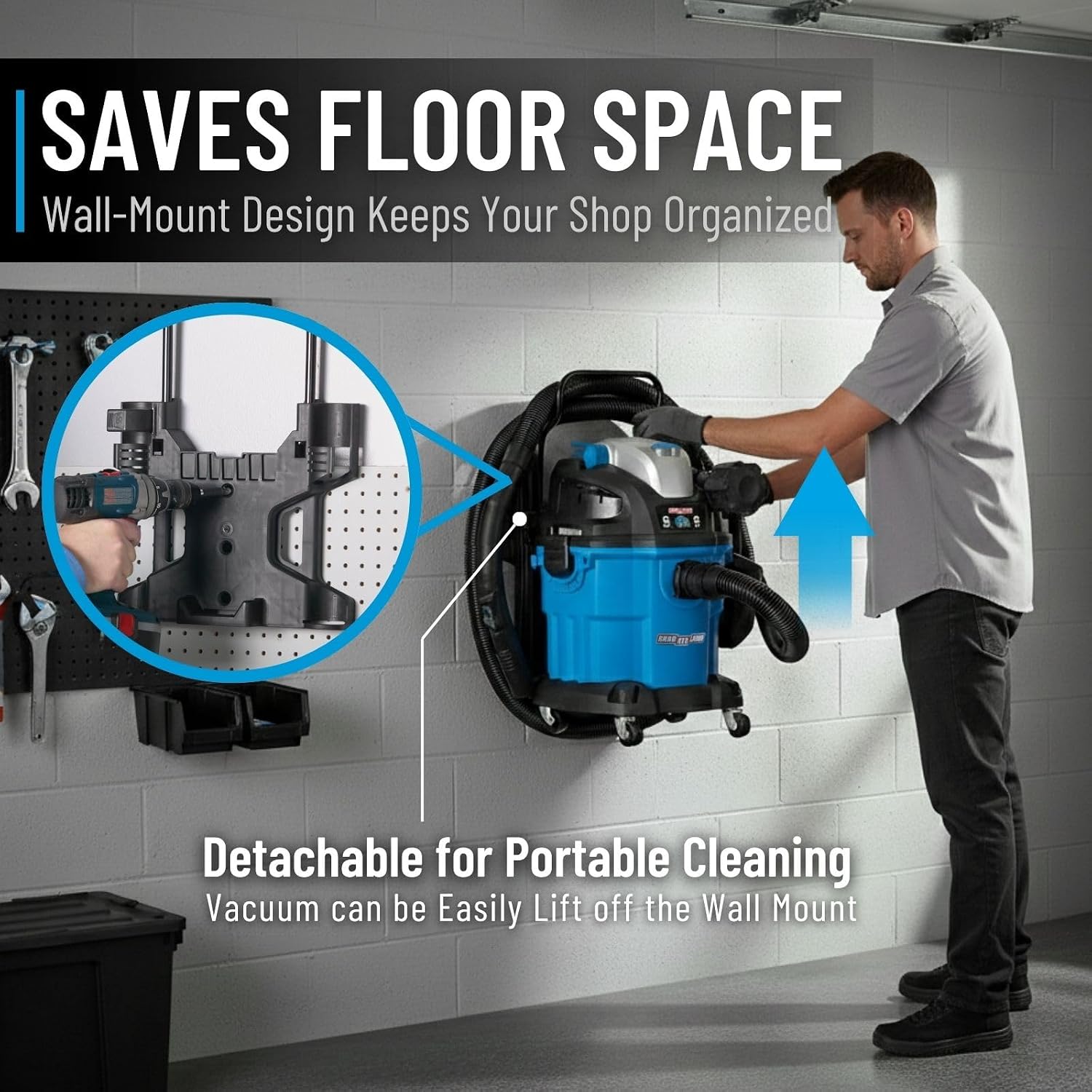 Channellock Shop Wet Dry Vacuum 5Gal 5Hp Wall Mount Vac - Remote Control, Wheels, Foam Filter - 5 Gal