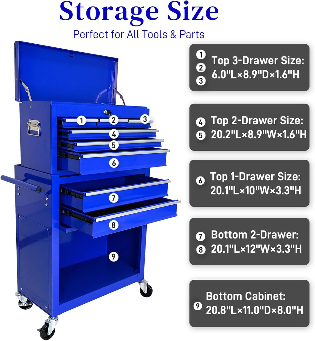 High Capacity Rolling Tool Chest with 8-Drawer Tool Box on Wheels Multifunctional Tool Cart Mechanic Tool Storage Cabinet for Garage, Warehouse, Workshop, Repair Shop (Blue)