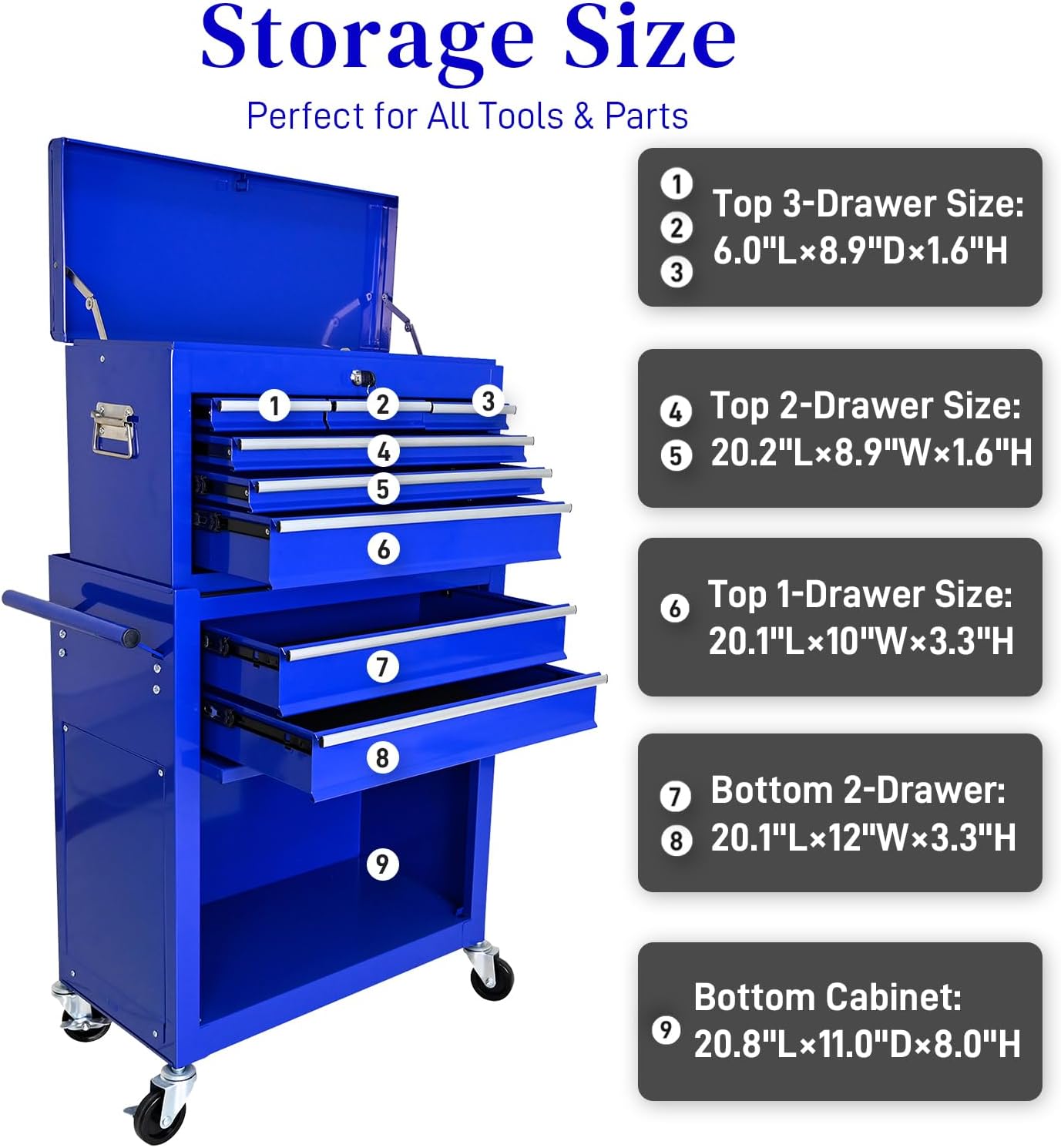 High Capacity Rolling Tool Chest with 8-Drawer Tool Box on Wheels Multifunctional Tool Cart Mechanic Tool Storage Cabinet for Garage, Warehouse, Workshop, Repair Shop (Blue)