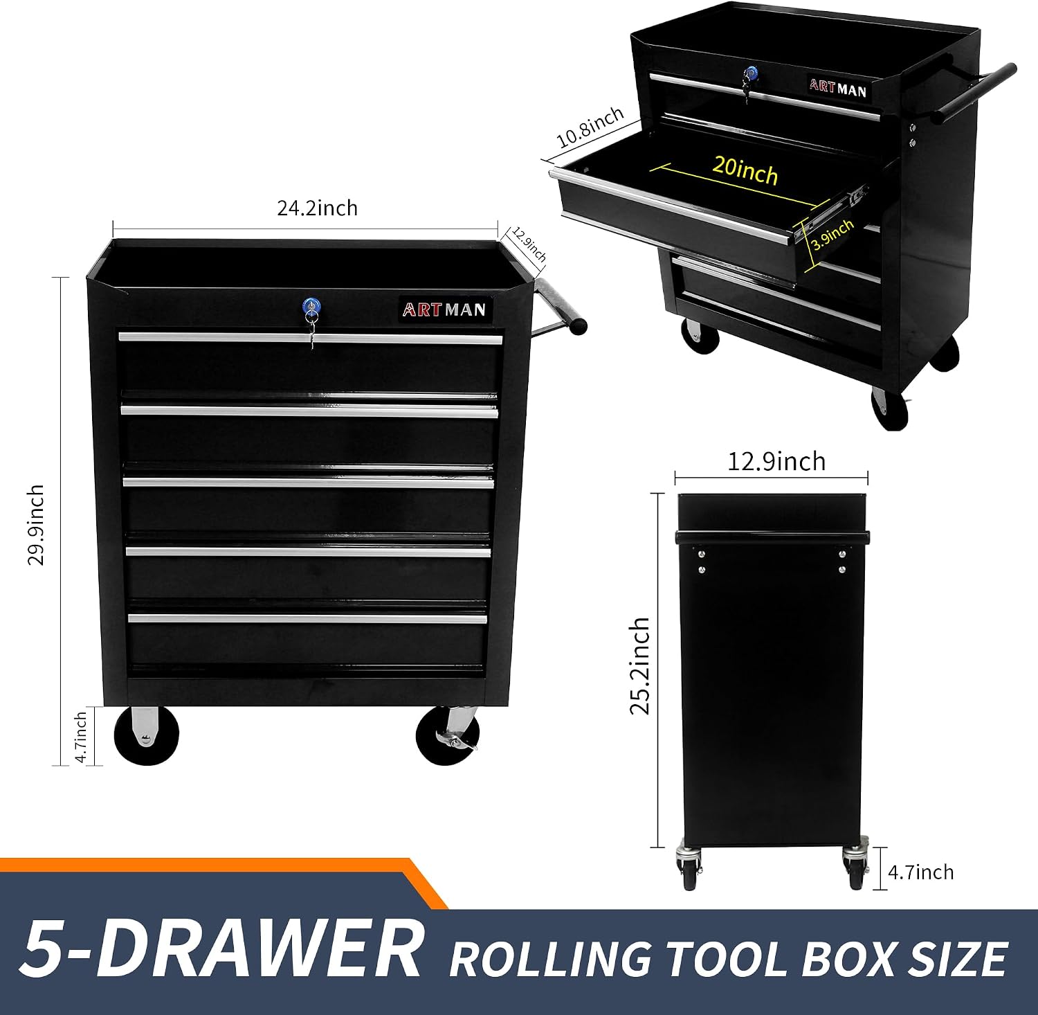 5 Drawers Rolling Tool Box，Tool Chest on Wheels, Lockable Tool Storage Cabinet Organizer Cabinet for Garage, Warehouse, Repair Shop, Workshop