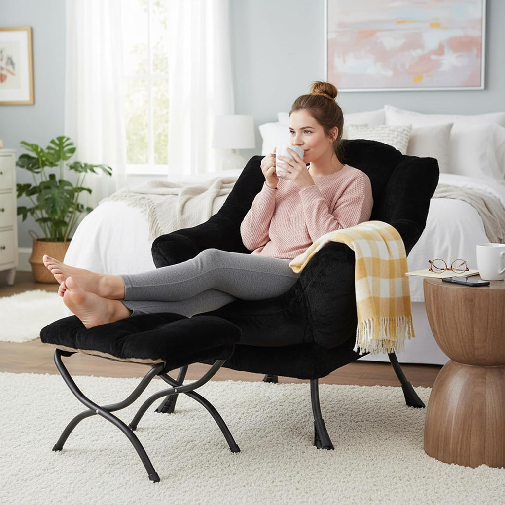 Welnow Lazy Chair with Ottoman, Modern Accent Chair with Armrests and a Side Pocket, Leisure Sofa Armchair, Reading Armchair with Footrest for Small Space, Plush Black
