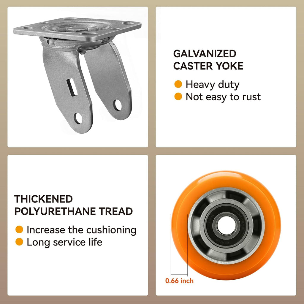 4' Casters, Heavy Duty Industrial Caster Wheels, Crowned Tread Aluminum Core Thickened Polyurethane Casters Set of 4 with Load 3200lbs Capacity, Wheels for Cart Toolbox (4 Swivel)