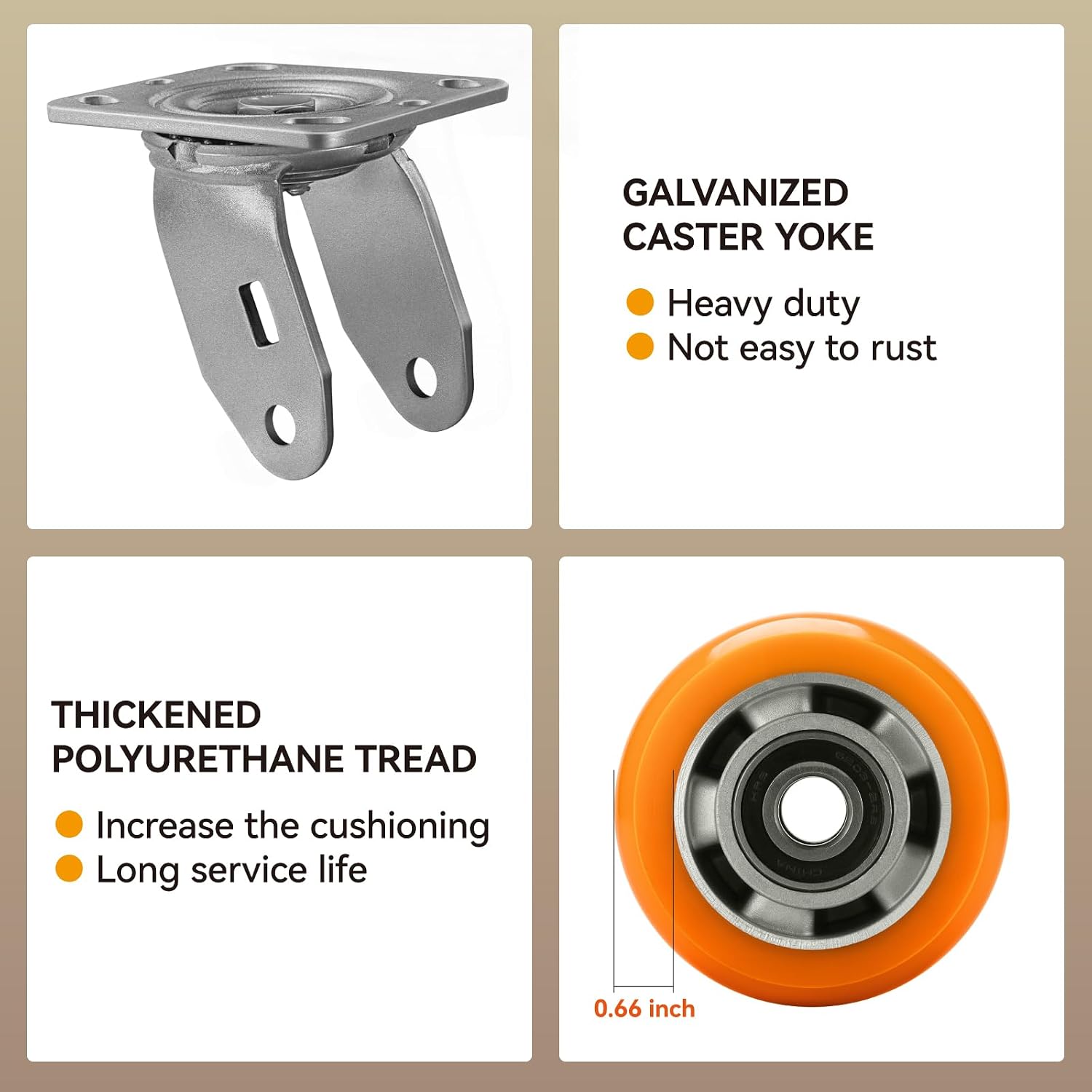 4' Casters, Heavy Duty Industrial Caster Wheels, Crowned Tread Aluminum Core Thickened Polyurethane Casters Set of 4 with Load 3200lbs Capacity, Wheels for Cart Toolbox (4 Swivel)
