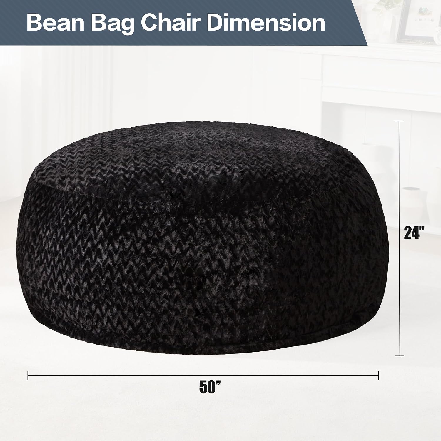 Hobestluk 5ft Bean Bag Chairs for Adults Large Beanbag Chair with Chevron Plush Fur Cover Big Bean Bag Chair for Living Room Bedroom Dorm Office - Black (50' x 50' x 24')