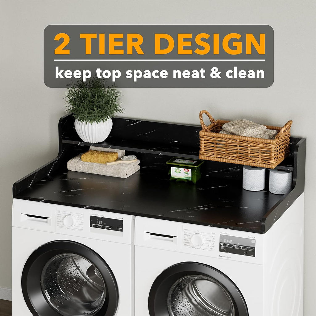 SpaceAid Washer Dryer Countertop with 2-Tier Shelf, Wood Topper with Edge, 54' Width x 27.5' Depth Cover Organizer Guard for Washer and Dryer Counter Laundry Hamper Storage (Black Marble)
