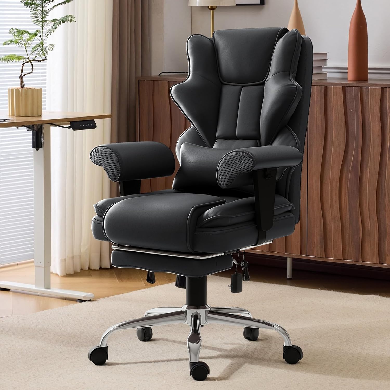 7-Point Massage Office Chair,Heated Manageral Chair,Ergonomic Executive Chair with Footrest,Adjustable Armrest，Computer Chair for Offices, Study Areas, Gaming Spaces,Black