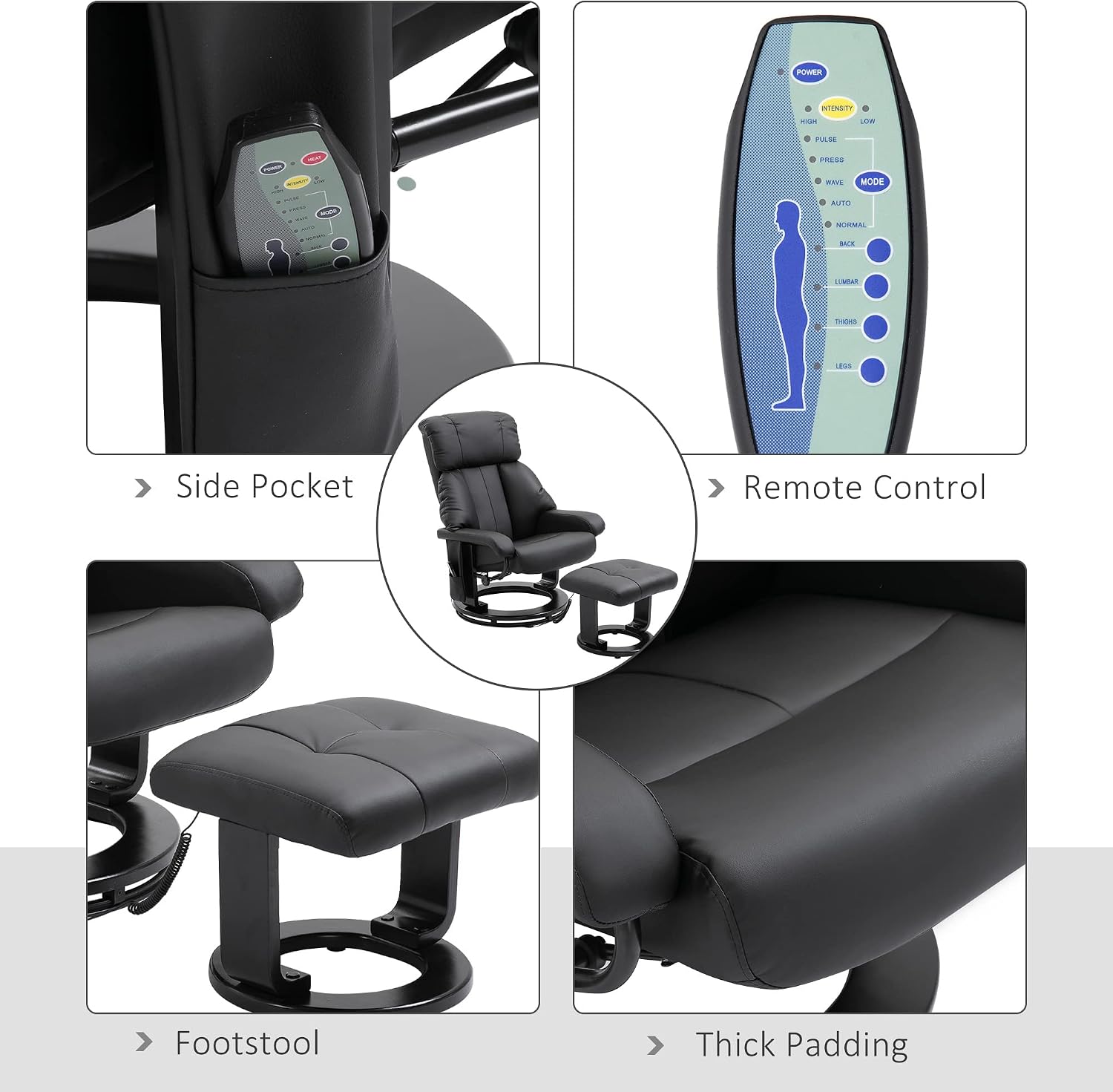 HOMCOM Massage Recliner Chair with Ottoman, 360° Swivel Recliner and Footstool, 10 Point Vibration, PU Leather Reclining Chair with Side Pocket and Remote Control, Black