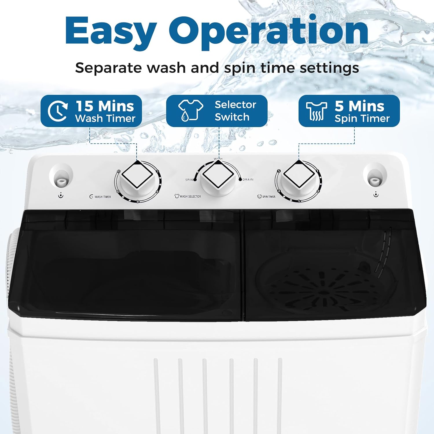 COSTWAY Portable Washing Machine, Twin Tub 20 Lbs Capacity with Drain Pump, Laundry Washer 12 Lbs and Spinner 8 Lbs with Timer Control, Perfect for Apartment Dorm RV, Black+White